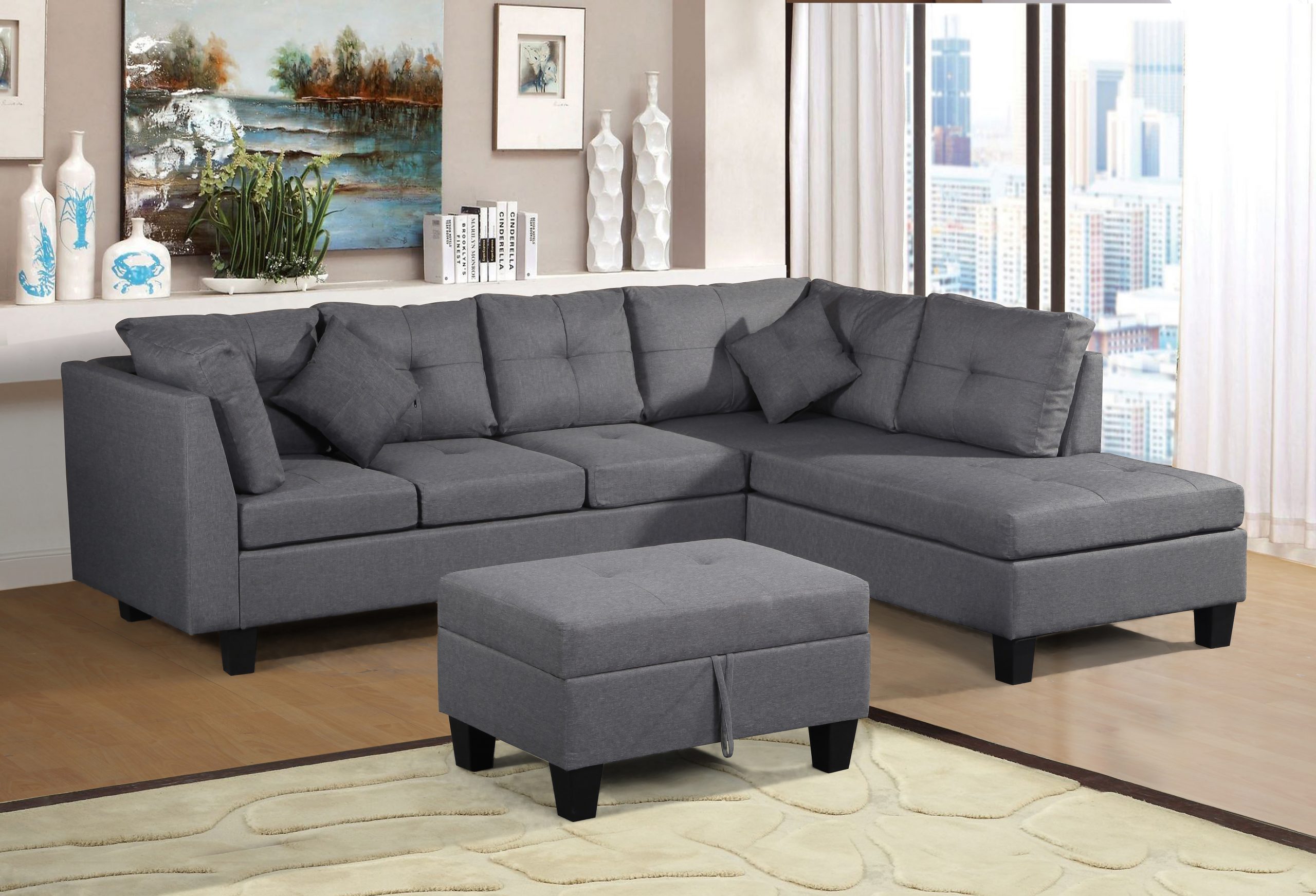 Sectional Sofa Set With  Right Hand Chaise Lounge And Storage Ottoman - W311S00017
