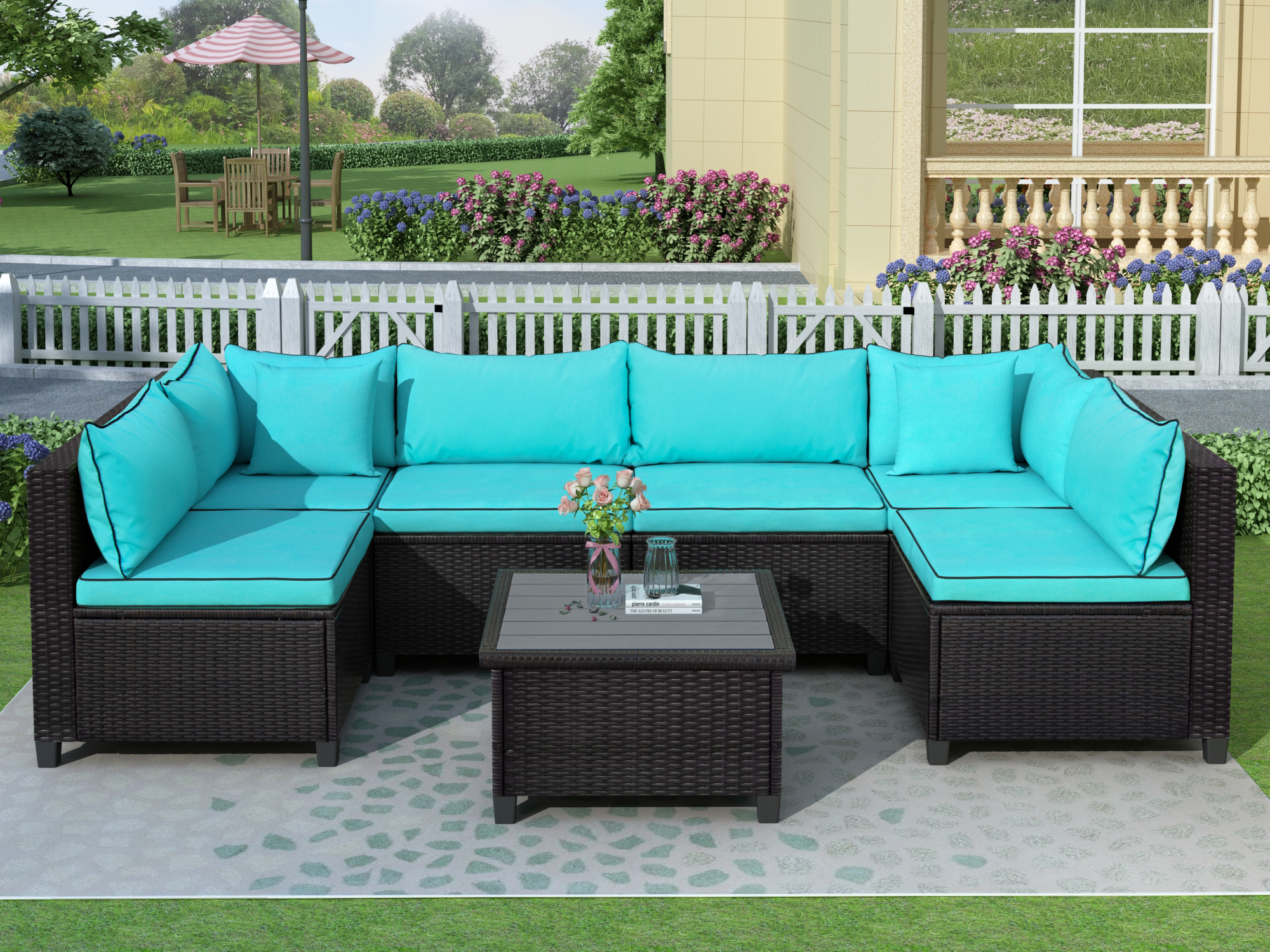 U-Shape Sectional Rattan Wicker Patio Set With Cushions And Accent Pillows - WY000111CAA