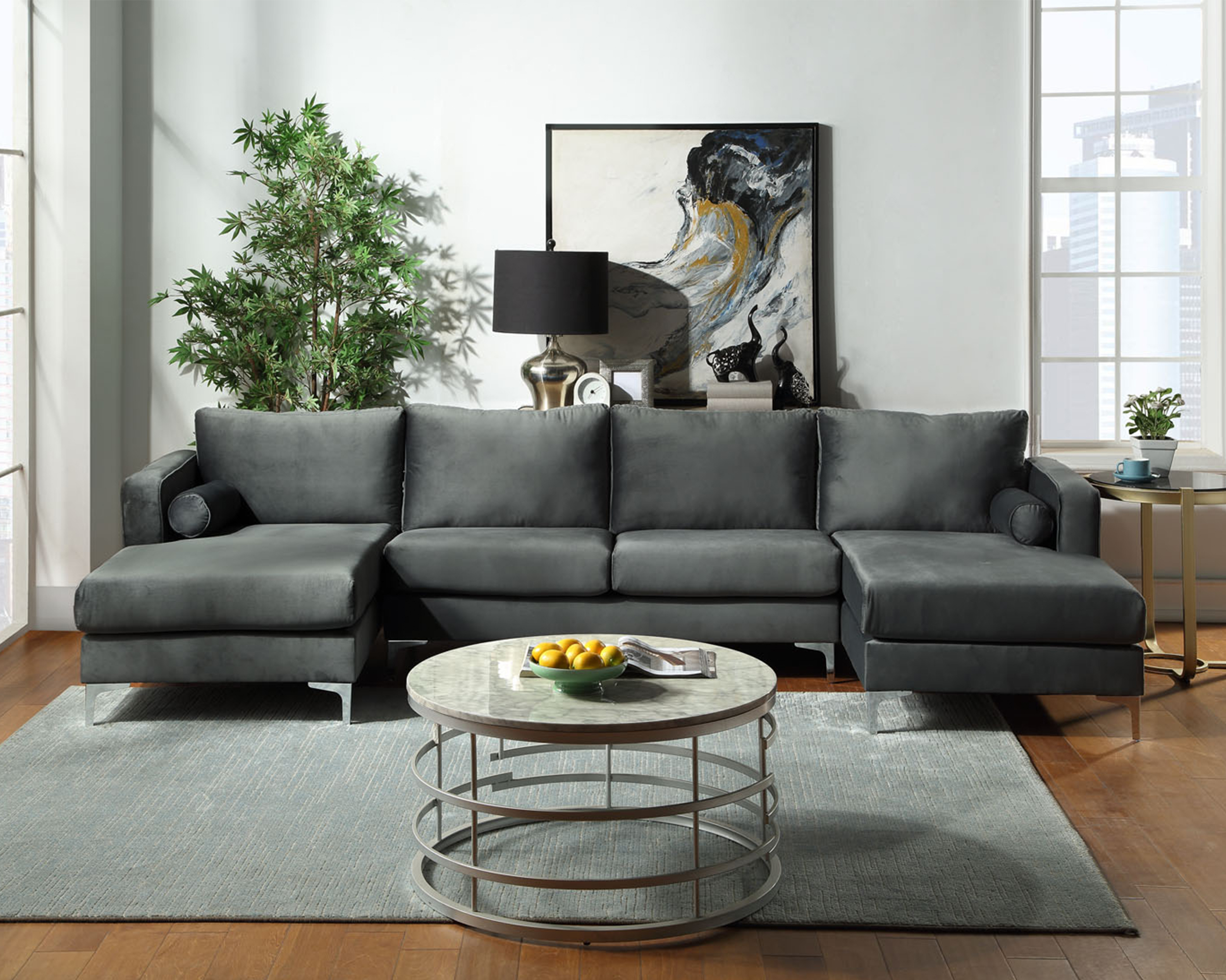 U-Shape Upholstered Couch With Modern Elegant Velvet, Gray