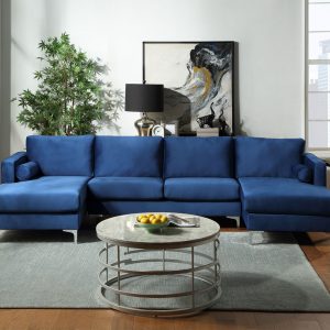U-Shape Upholstered Couch With Modern Elegant Velvet, Blue - SG000190AAC
