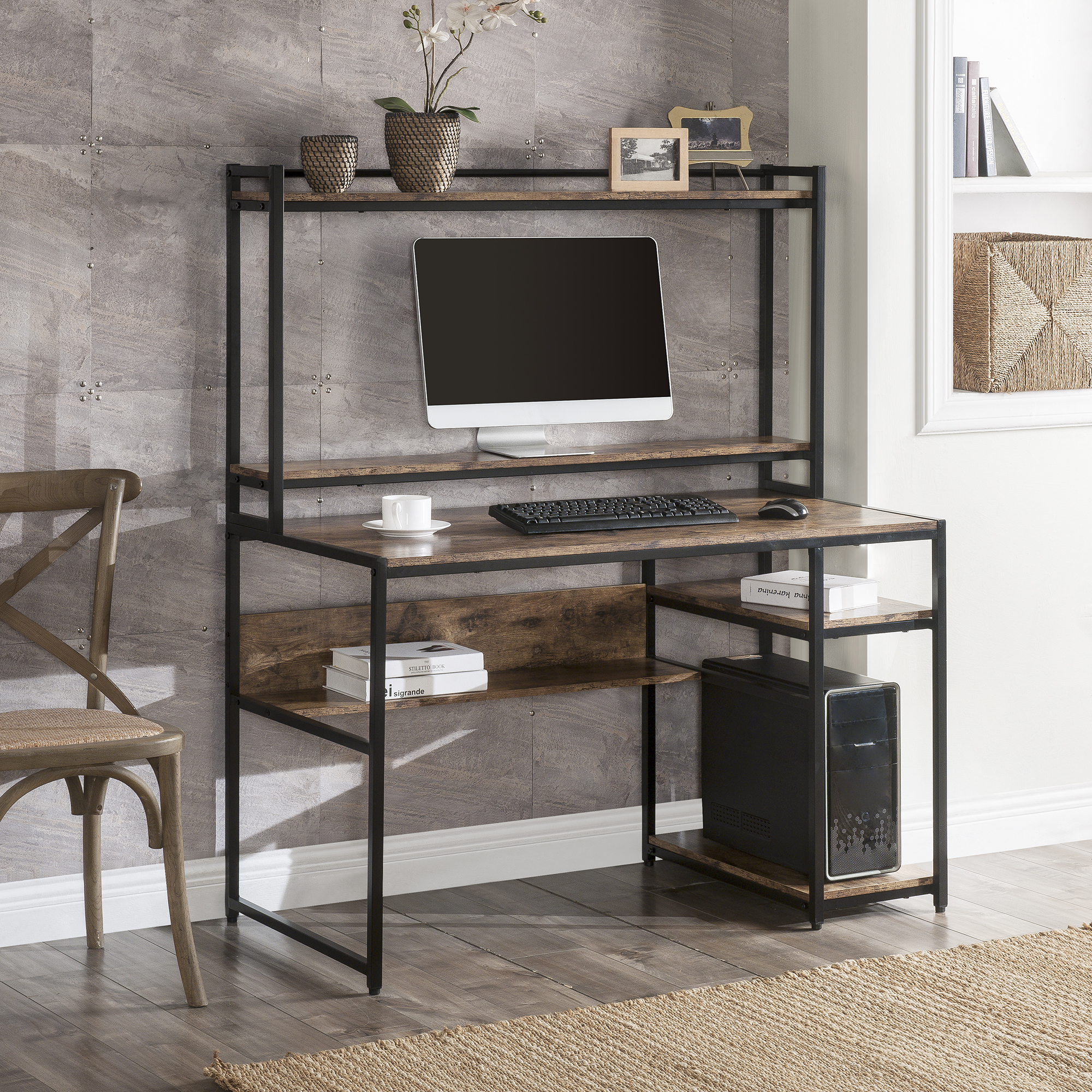 Home Office Computer Desk With 2-Tier Bookshelf And Open Storage Shelf