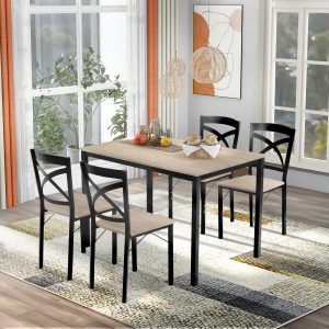 5-Piece Industrial Wooden Dining Set With Metal Frame And 4 Ergonomic Chairs - ST000020AAA