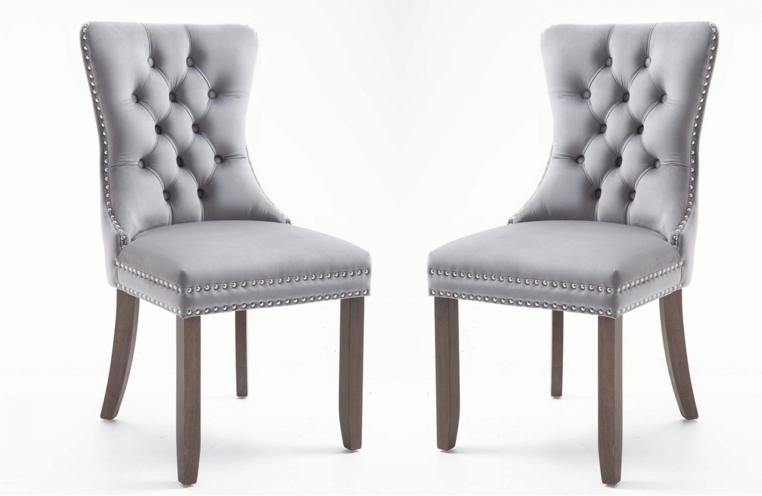High-end Tufted Solid Wood Upholstered Grey Dining Chair With Nailhead Trim 2 Pcs
