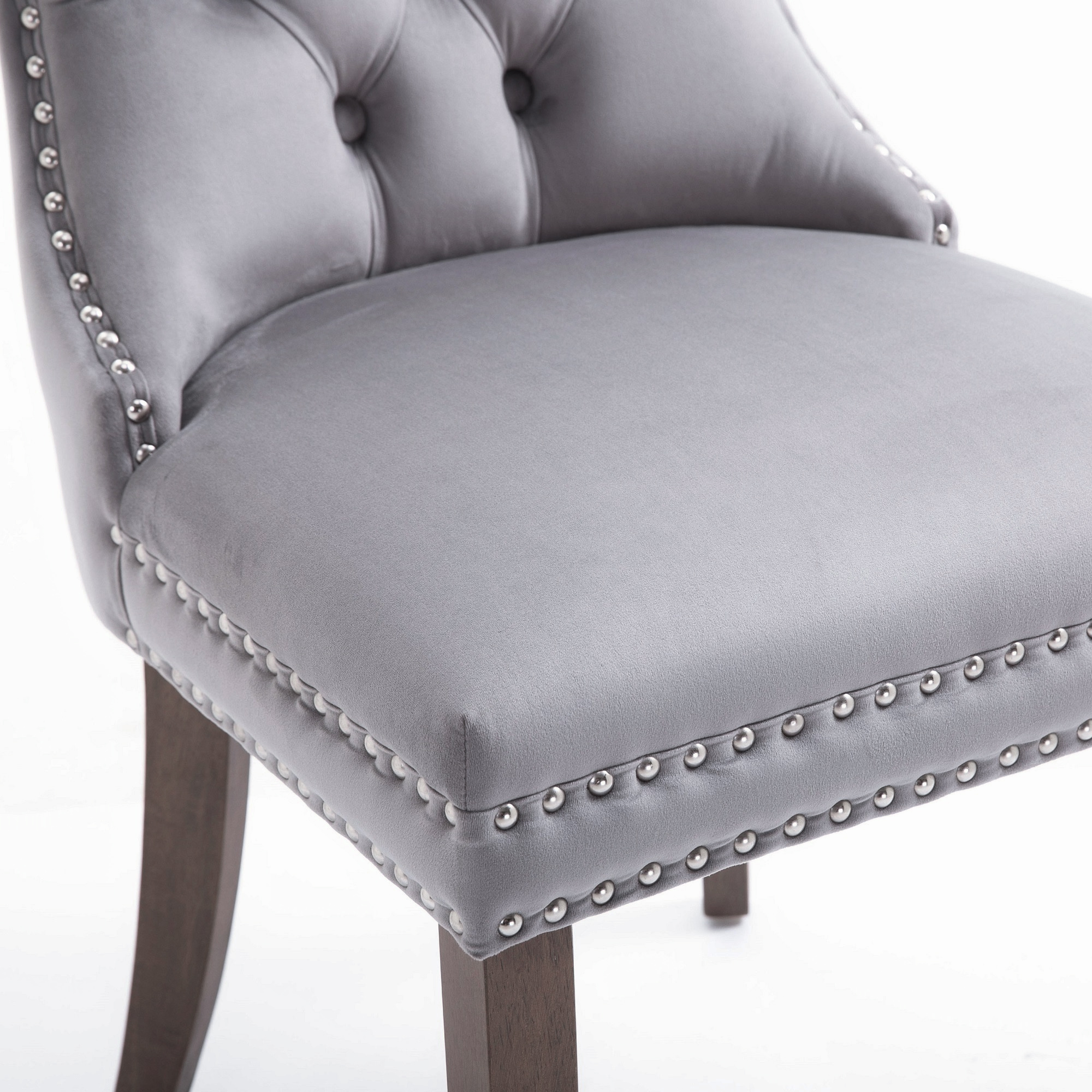 High-end Tufted Solid Wood Upholstered Grey Dining Chair With Nailhead Trim 2 Pcs