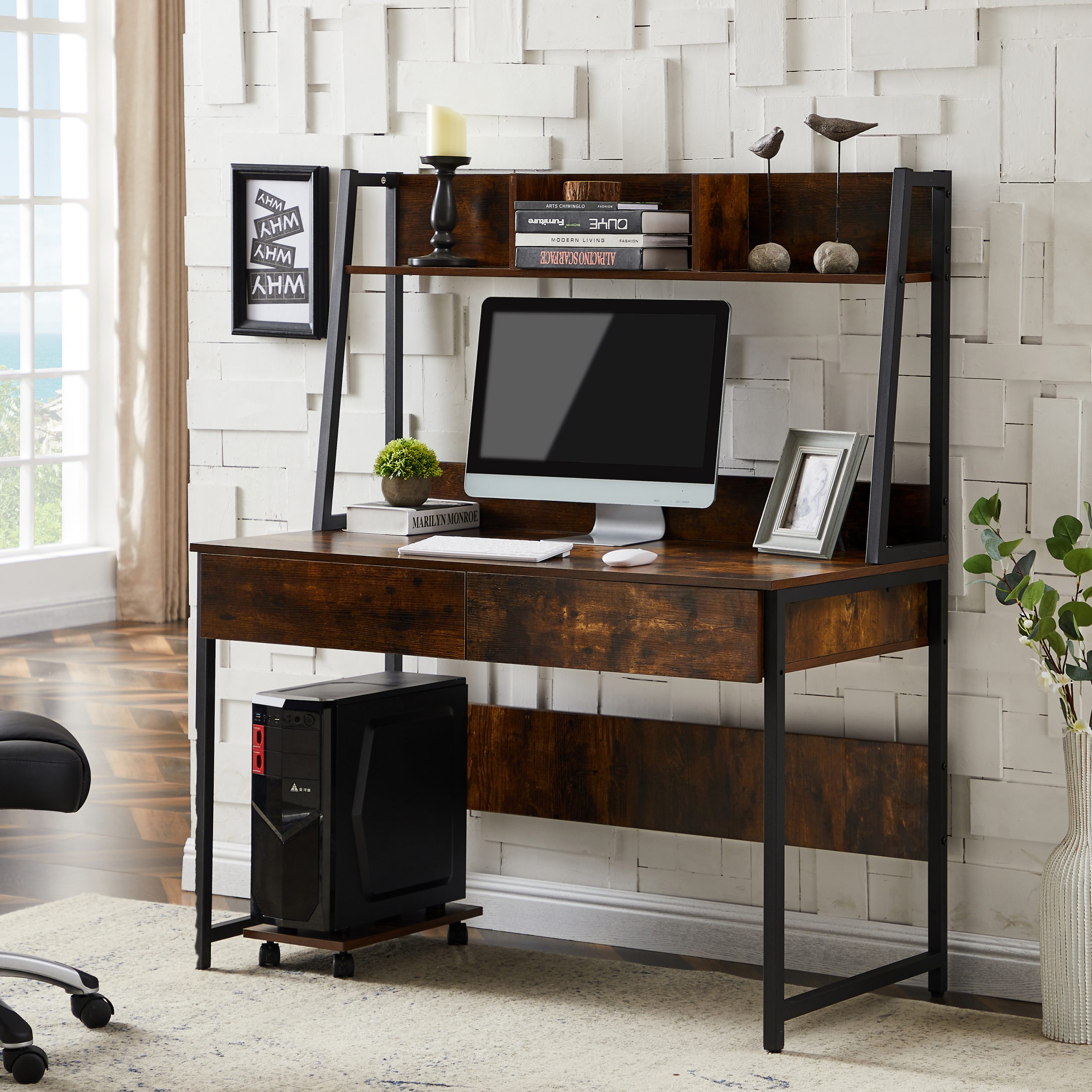 Home Office Computer Desk With Bookshelf