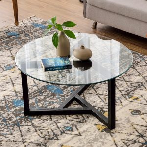 Round Glass Coffee Table With Tempered Glass Top and Sturdy Wood Basees - WF190112AAB