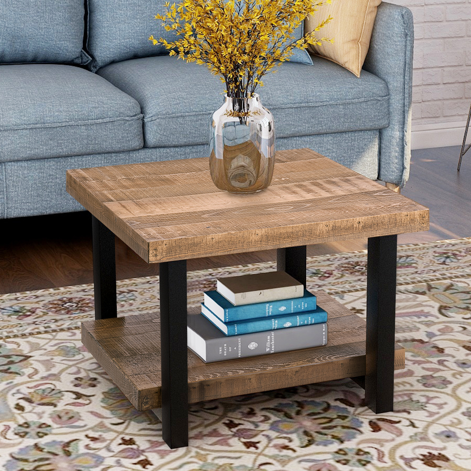 22"x22" Rustic Natural Coffee Table With Storage Shelf