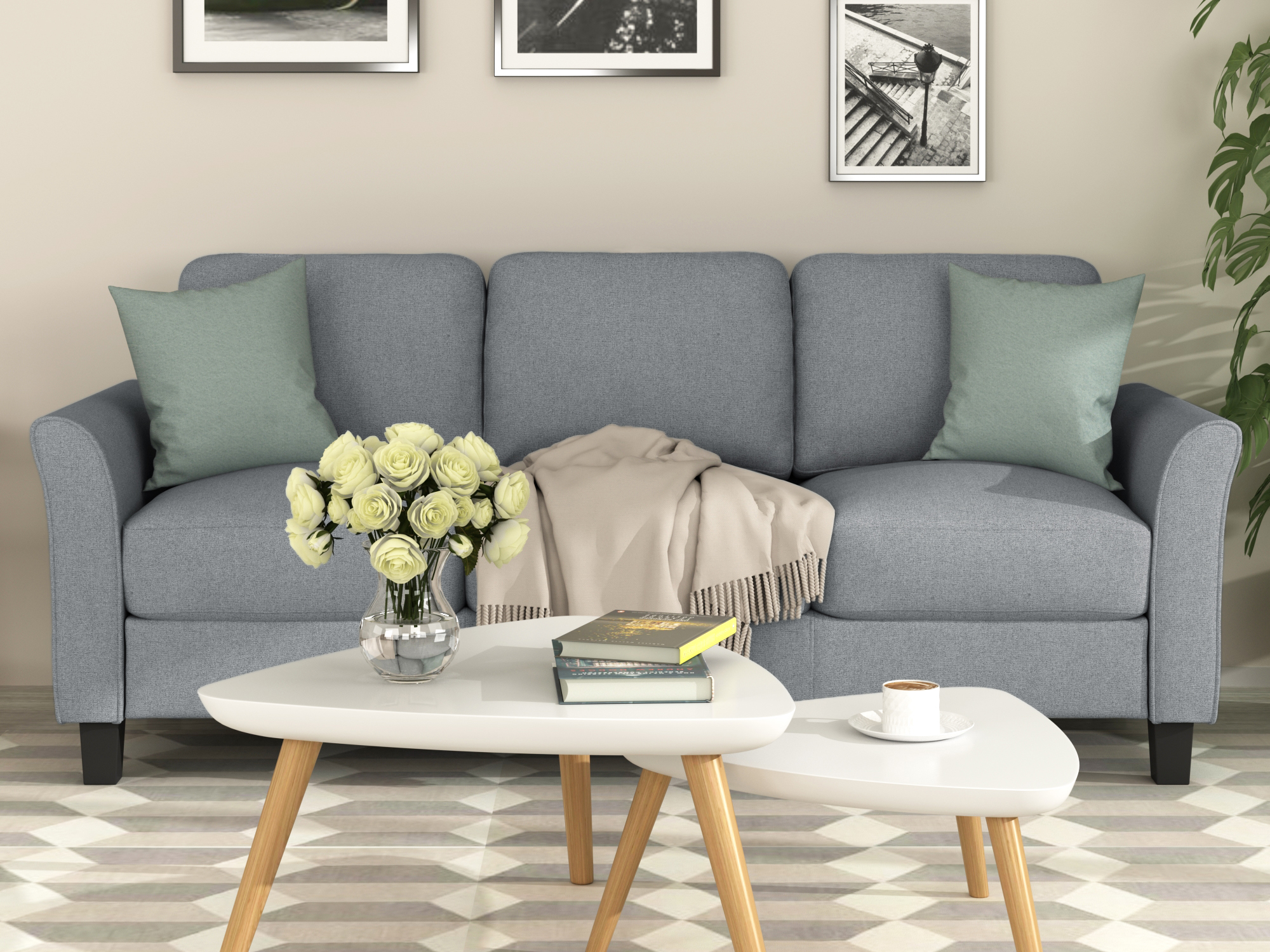 3-Seat Sofa Living Room Linen Fabric Sofa
