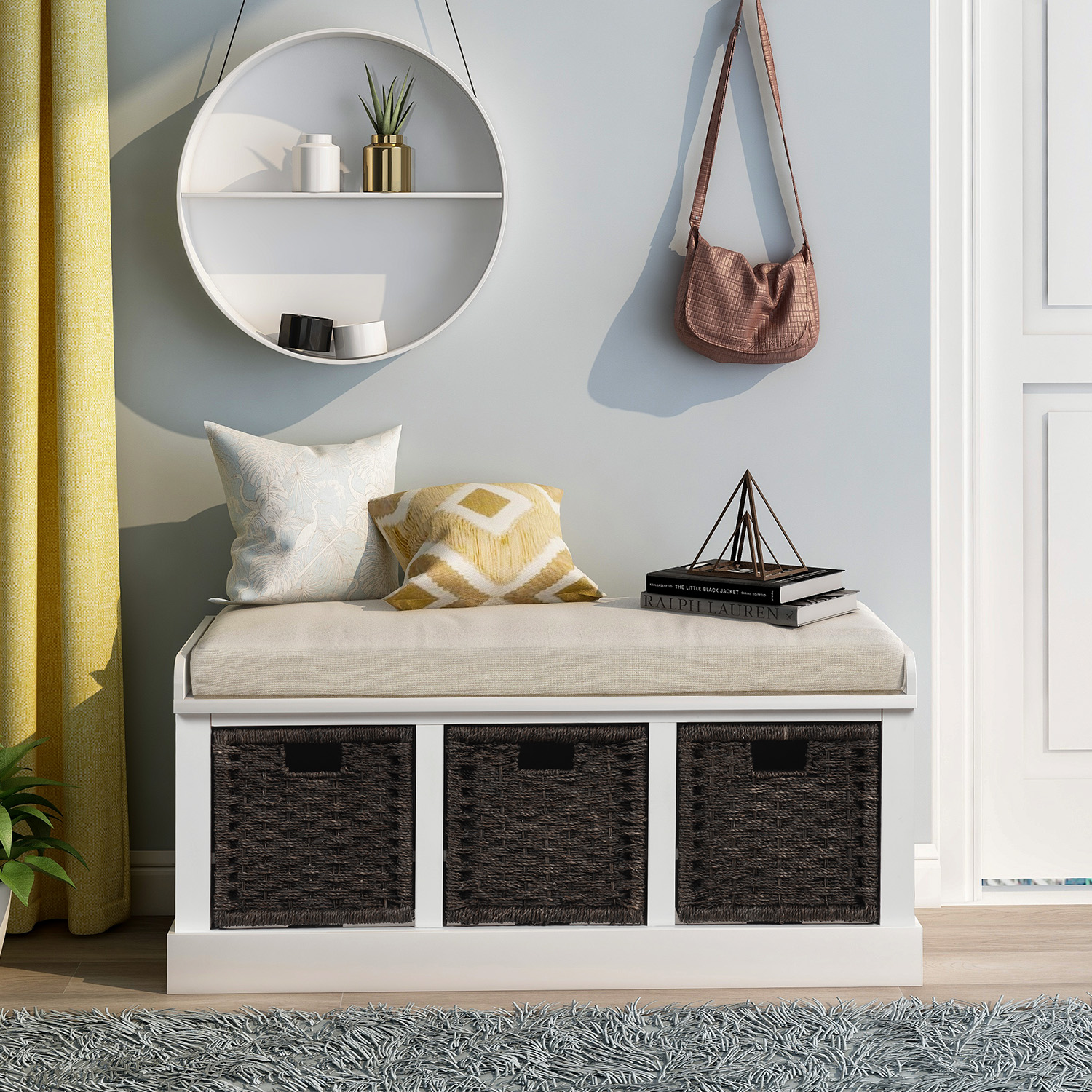 Rustic Storage Bench With 3 Removable Classic Rattan Basket
