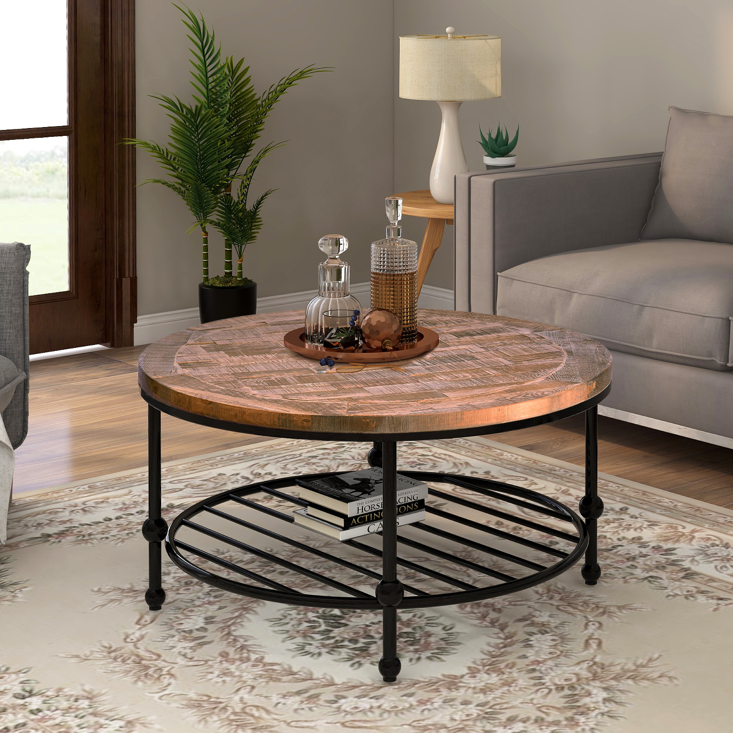 Round Rustic Natural Coffee Table With Storage Shelf