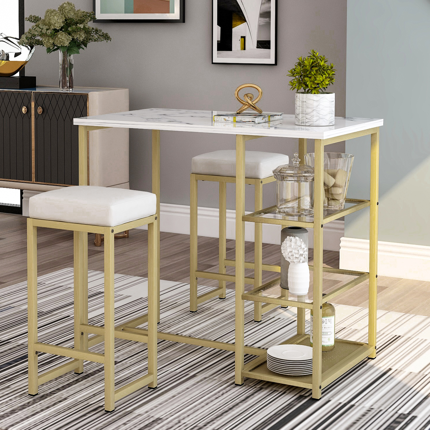 3-Piece Modern Pub Set With Faux Marble Countertop And Bar Stools - WF194723AAK