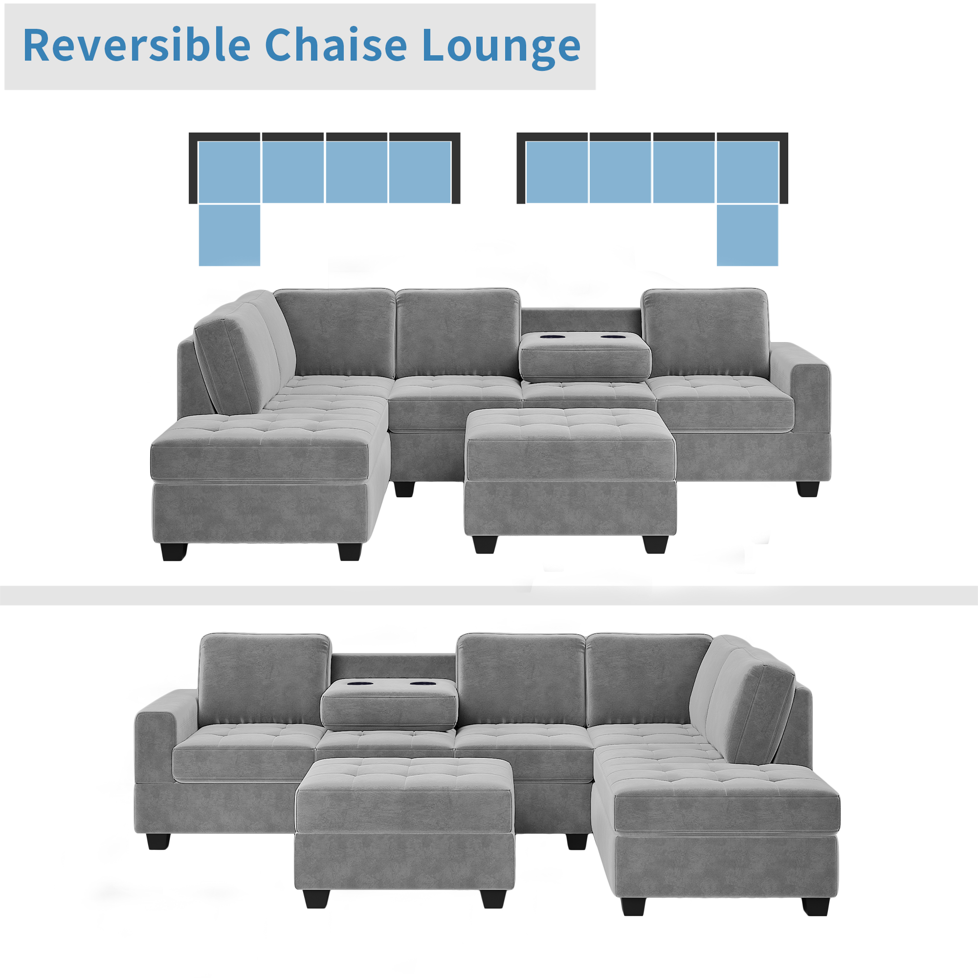 L-Shaped Couch Set With Storage Ottoman And Two Cup Holders