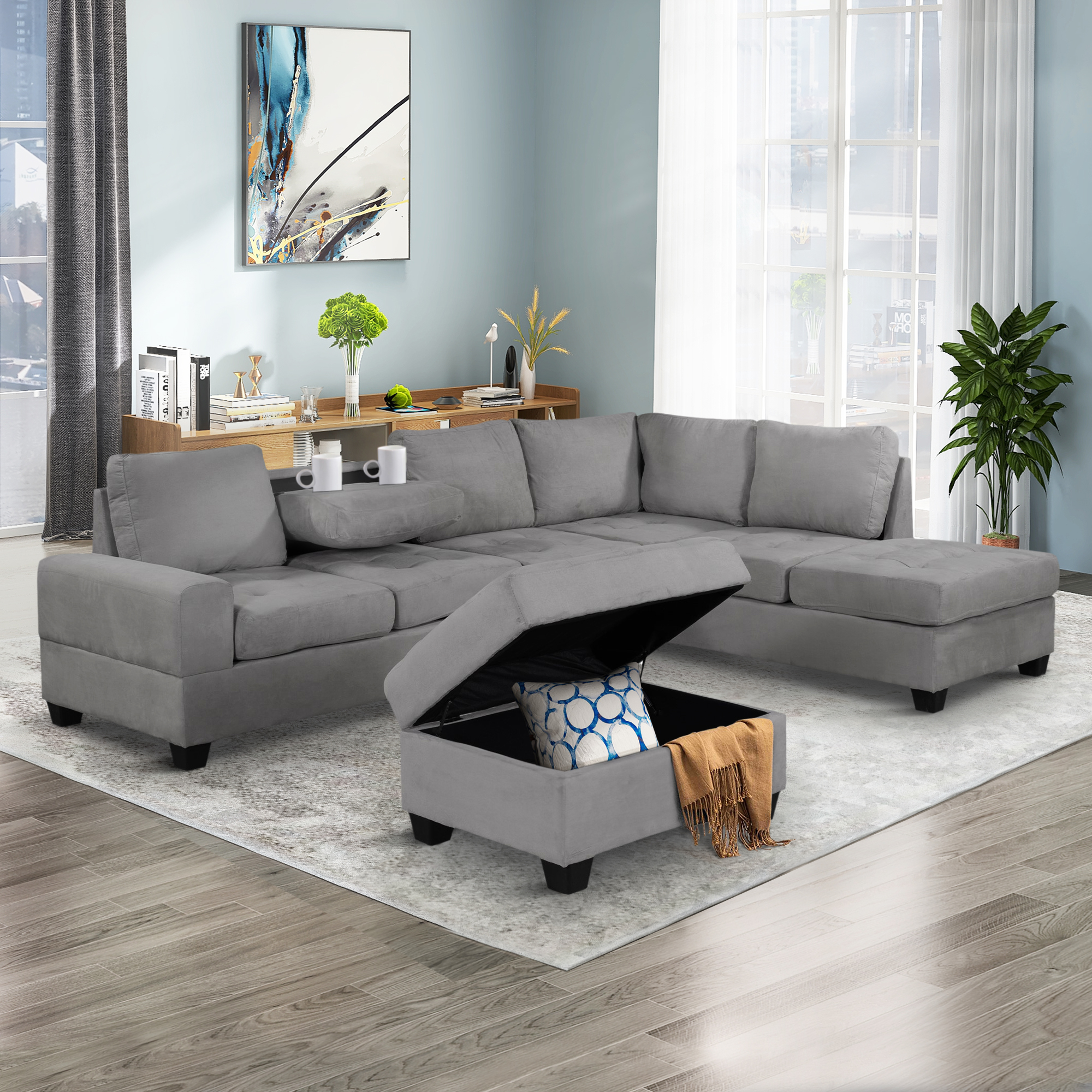 L-Shaped Couch Set With Storage Ottoman And Two Cup Holders - SG000410AAA