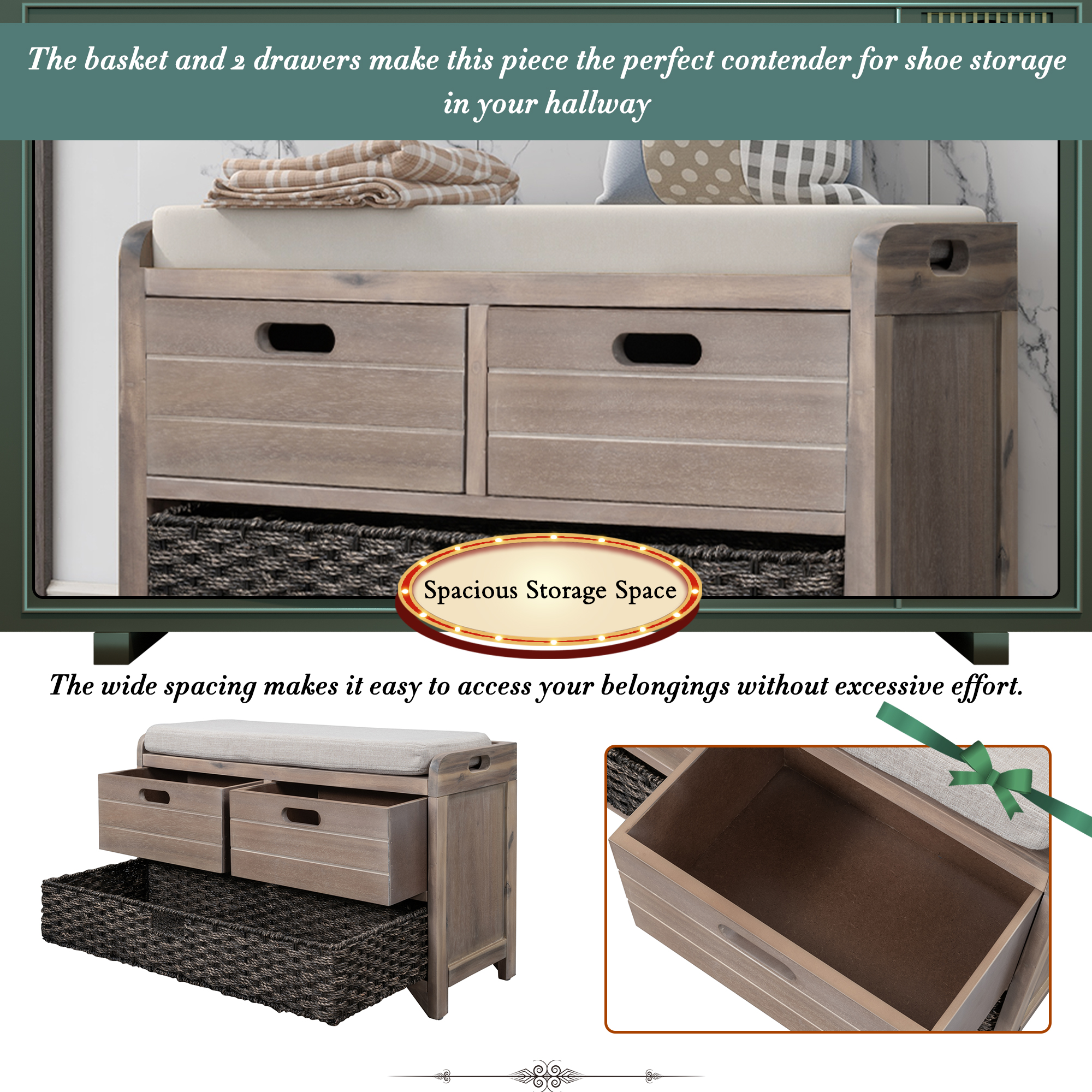 Storage Bench With Removable Basket And 2 Drawers
