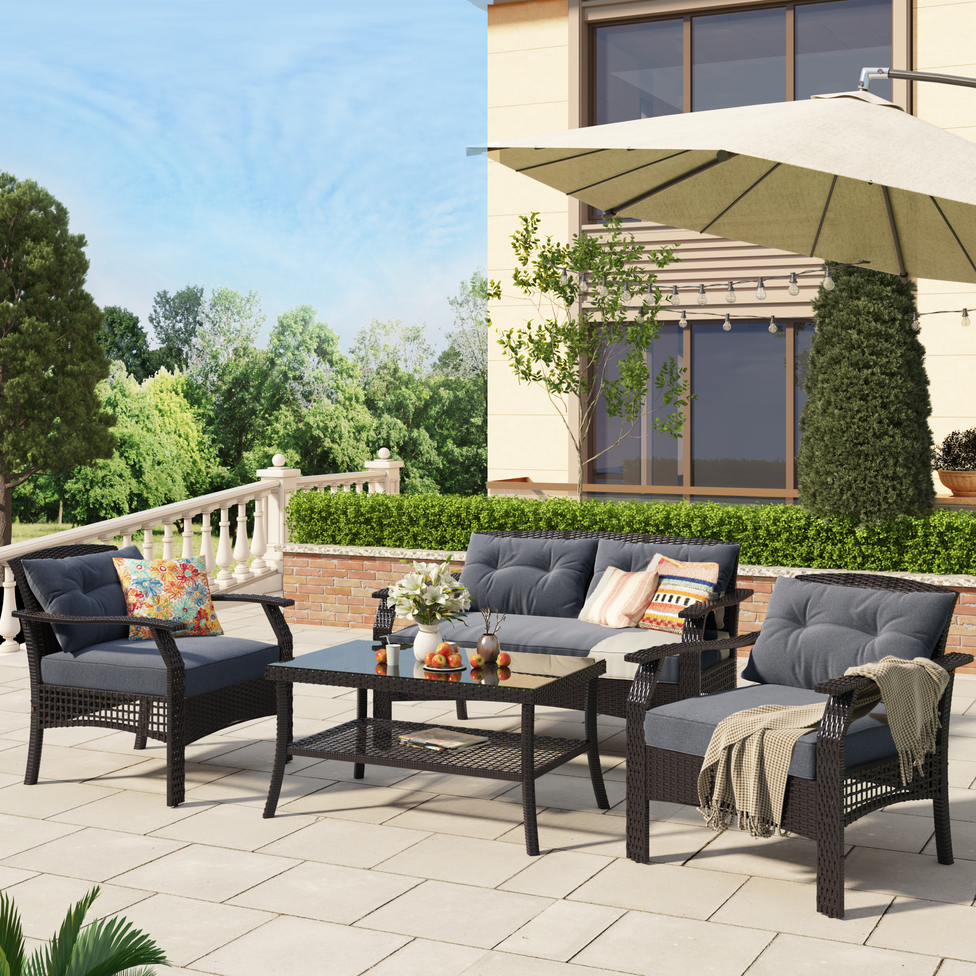 4 Piece Rattan Sofa Seating Group With Cushions - WY000171EAA