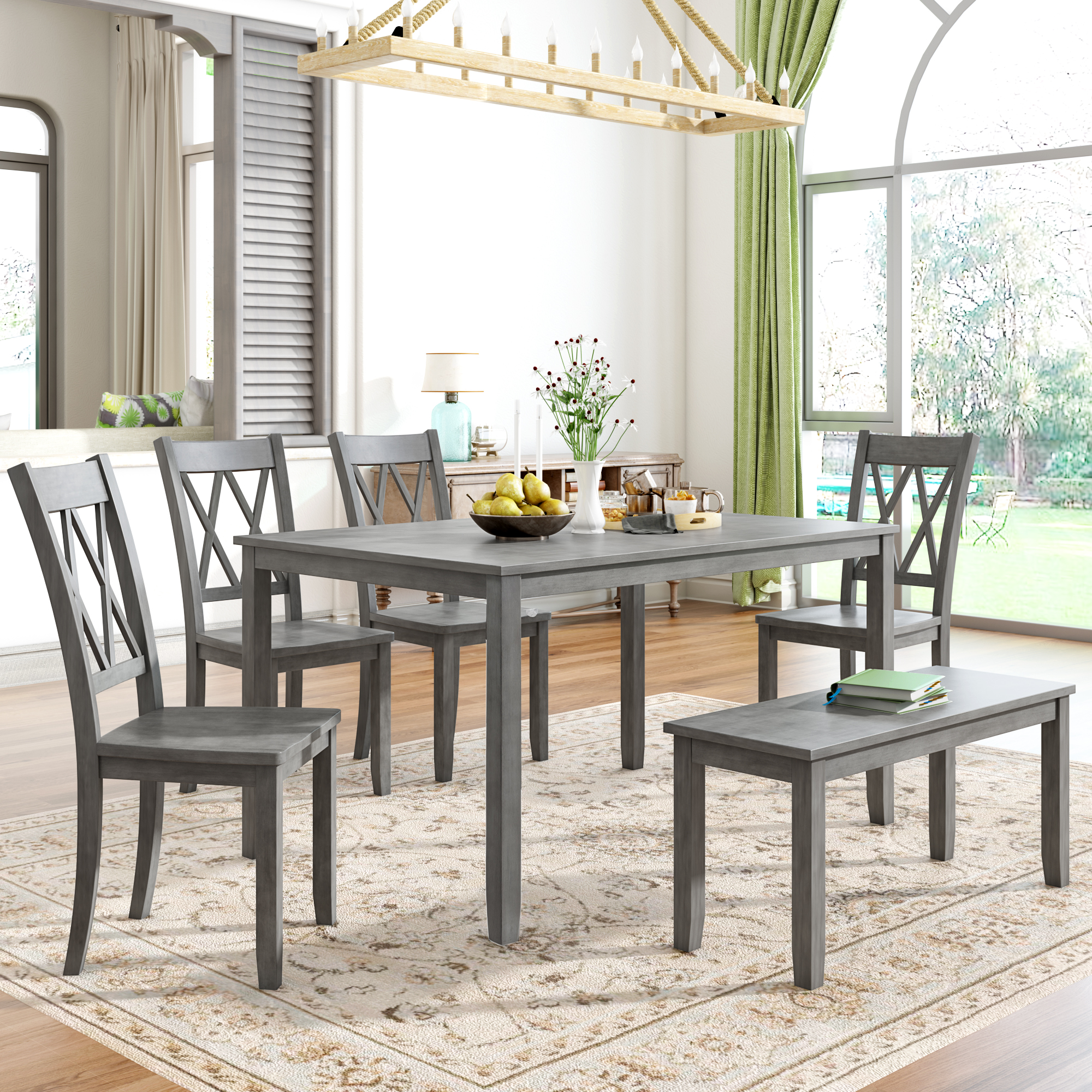 6-Piece Wooden Farmhouse Rustic Dining Table Set - SH000172AAE