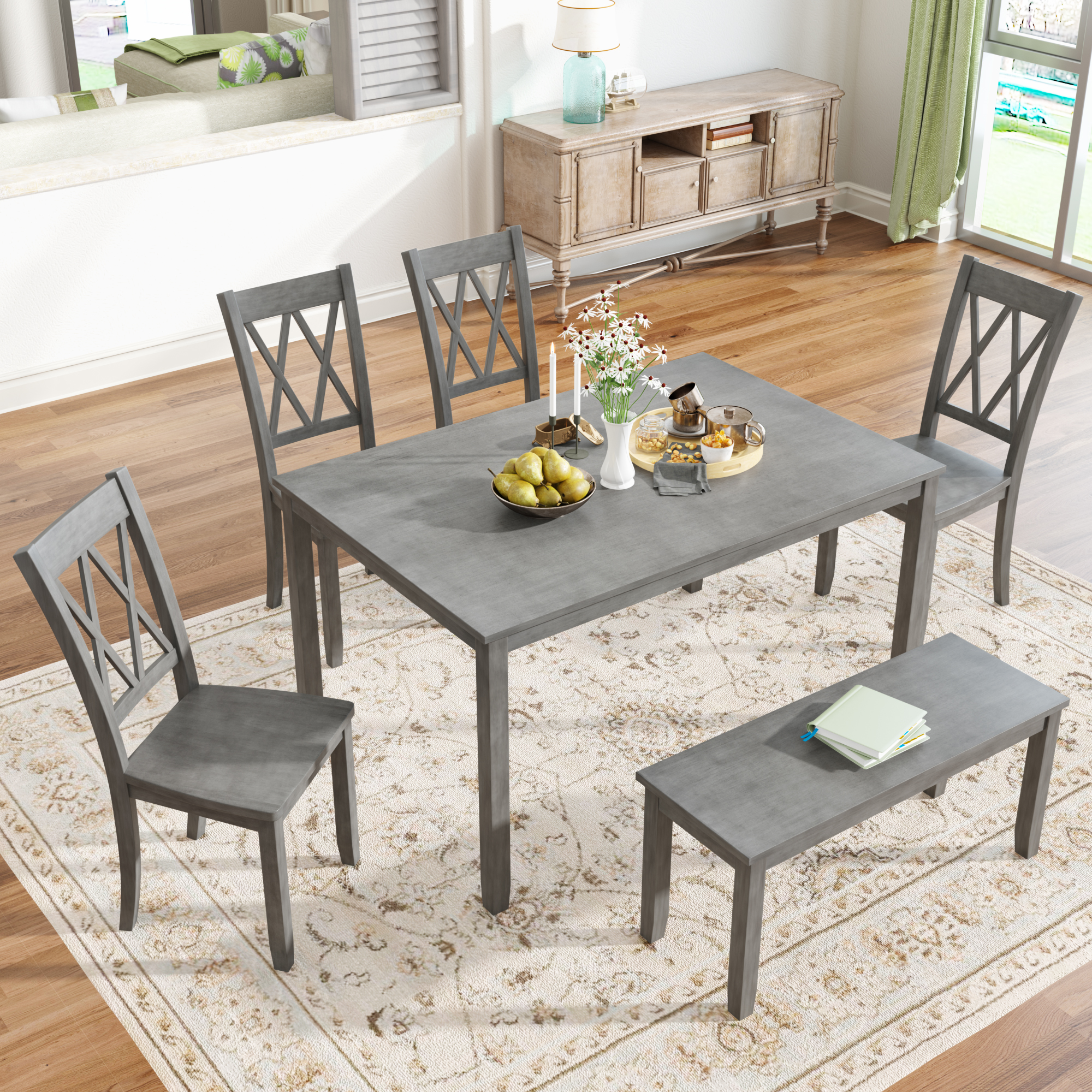 6-Piece Wooden Farmhouse Rustic Dining Table Set - SH000172AAE