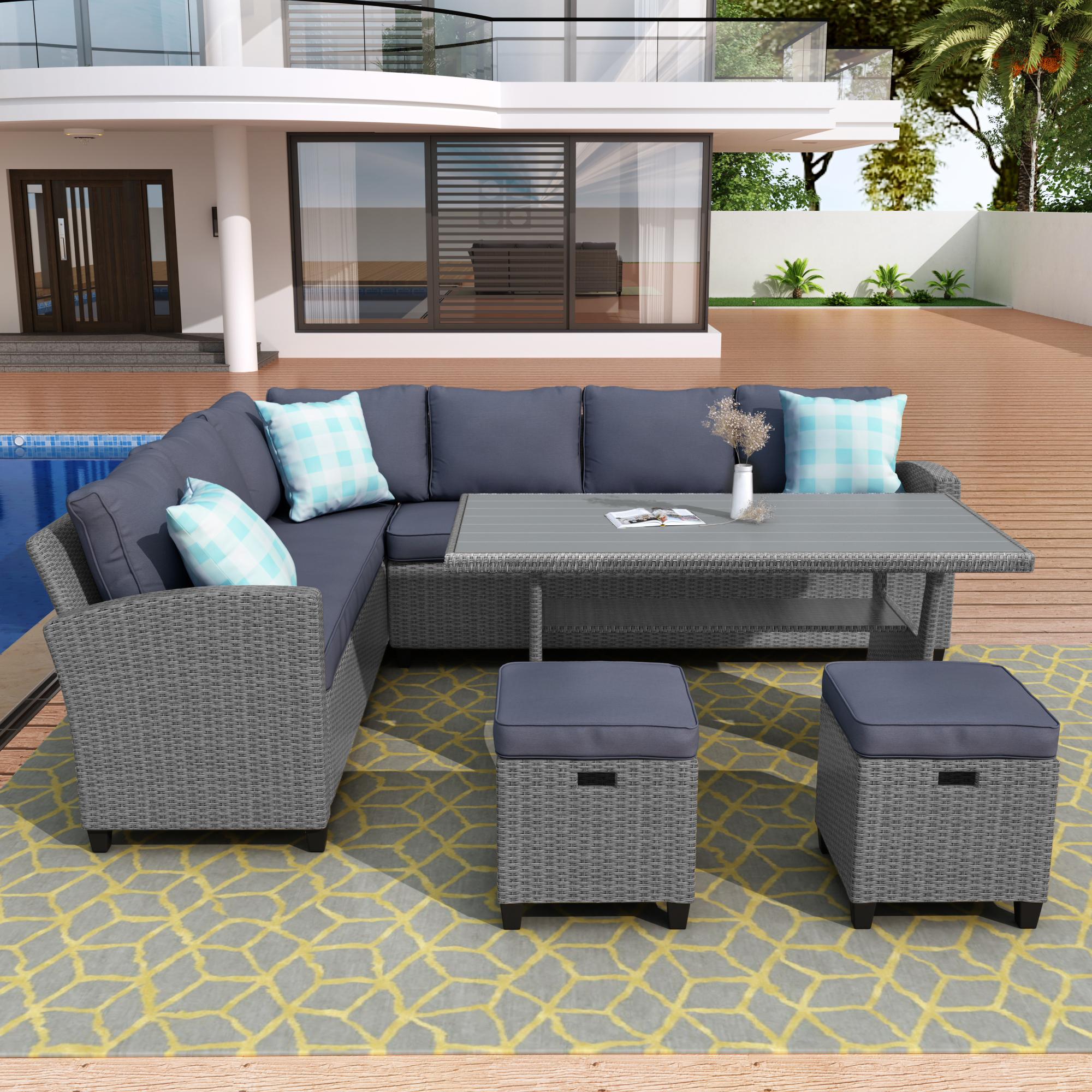 5 Piece Outdoor Conversation Set,  Dining Table Chair With Ottoman And Throw Pillows - WY000076EAA