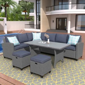 5 Piece Outdoor Conversation Set,  Dining Table Chair With Ottoman And Throw Pillows - WY000076EAA