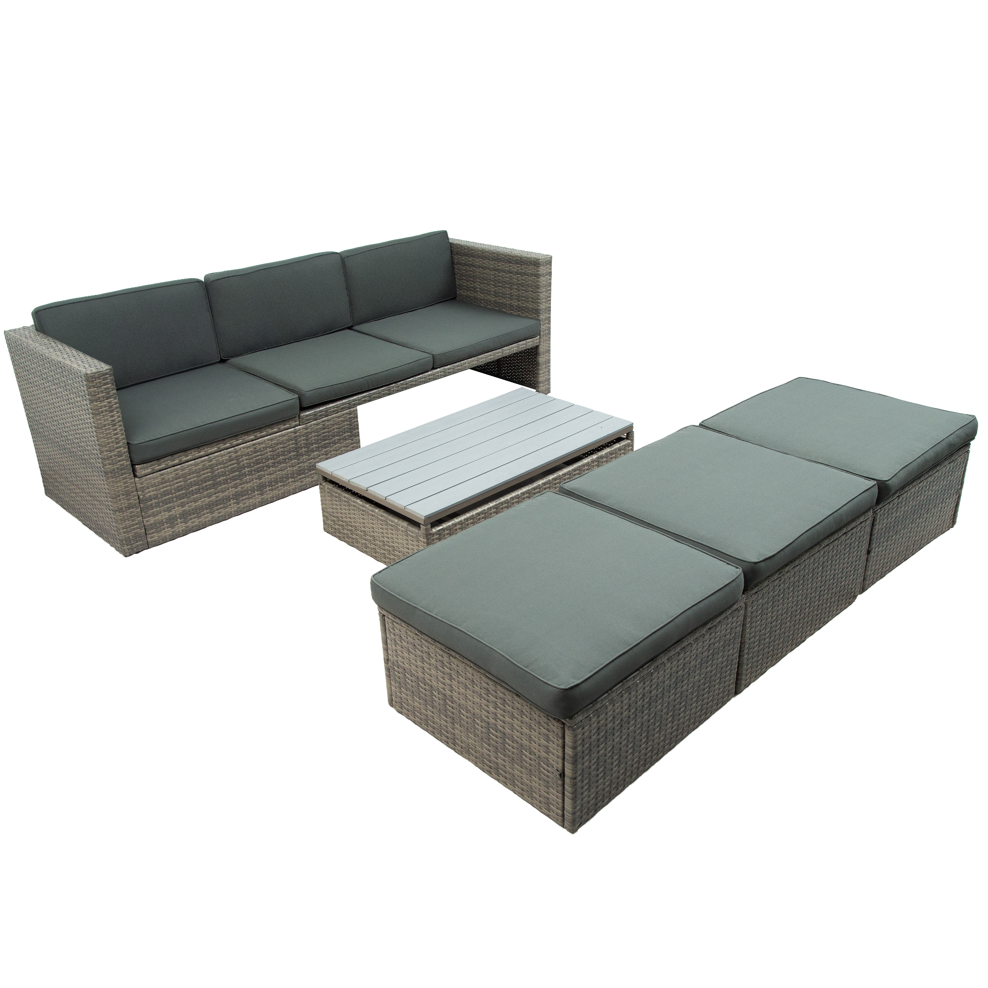 5-Piece Patio Wicker Sofa with Adustable Backrest, Cushions, Ottomans and Lift Top Coffee Table