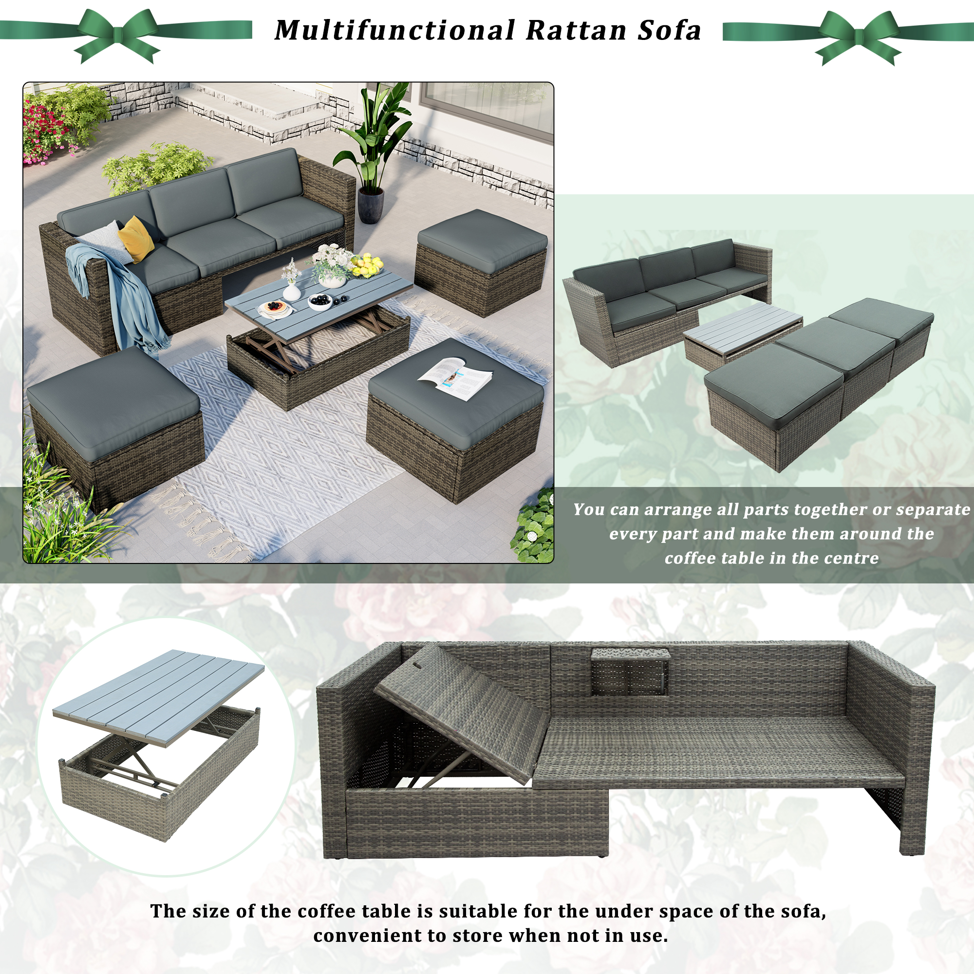 5-Piece Patio Wicker Sofa with Adustable Backrest, Cushions, Ottomans and Lift Top Coffee Table