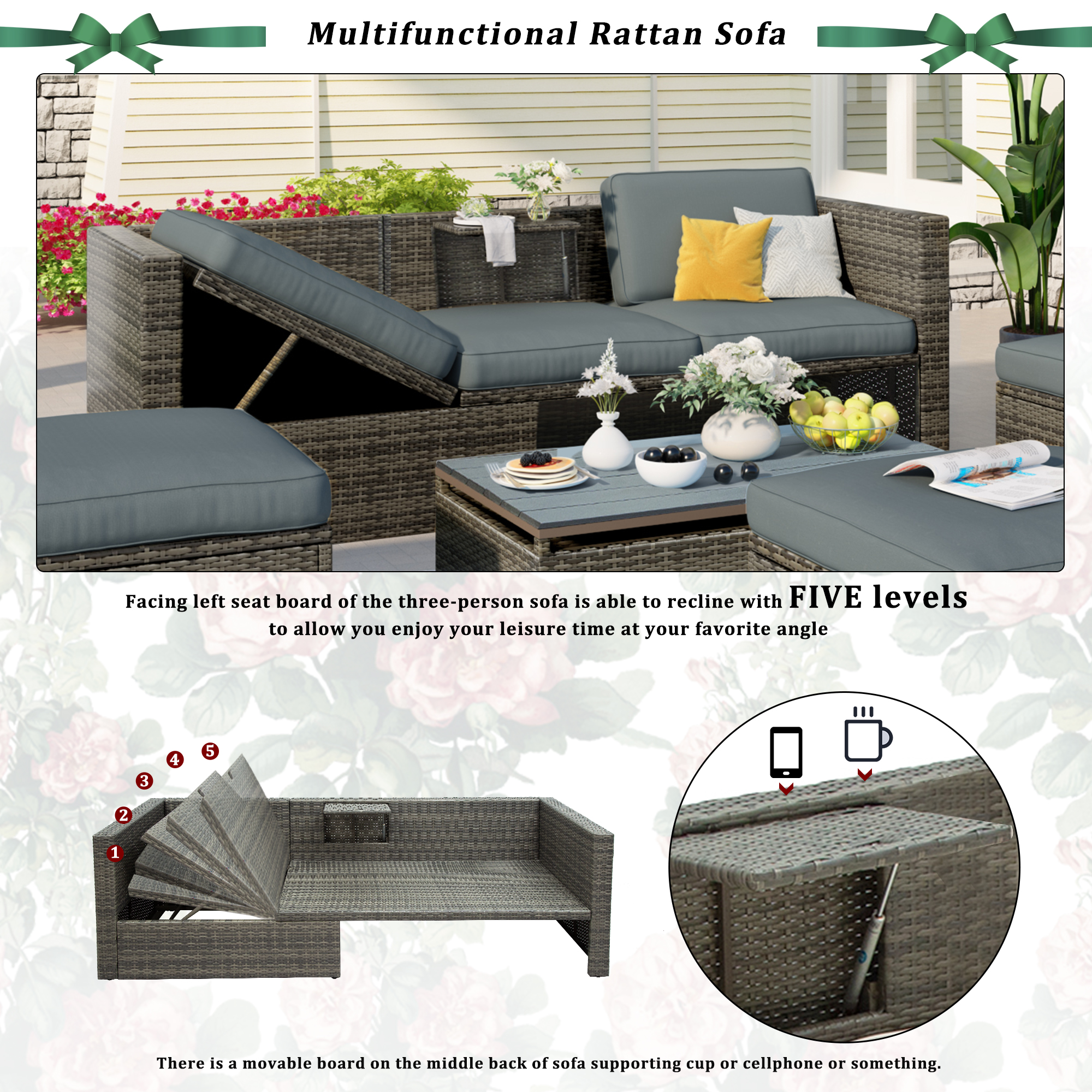 5-Piece Patio Wicker Sofa with Adustable Backrest, Cushions, Ottomans and Lift Top Coffee Table - WY000217EAA