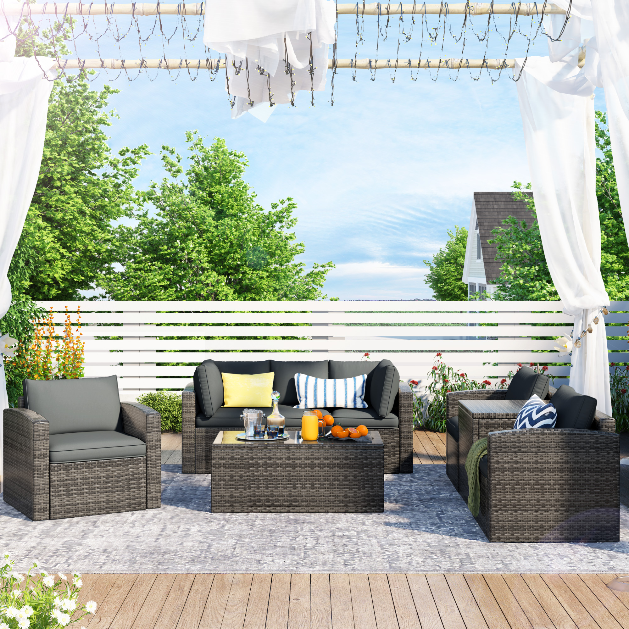 7-Piece Patio Wicker Sofa , Cushions, Chairs , A Loveseat , A Table And A Storage Box - WY000216EAA