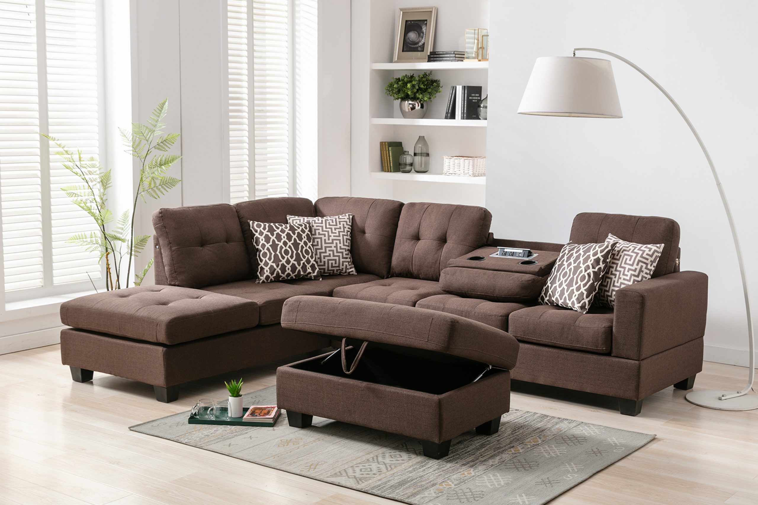 Reversible Sectional Sofa with 2 Outlets & USB Ports, Chocolate - SG000226AAA
