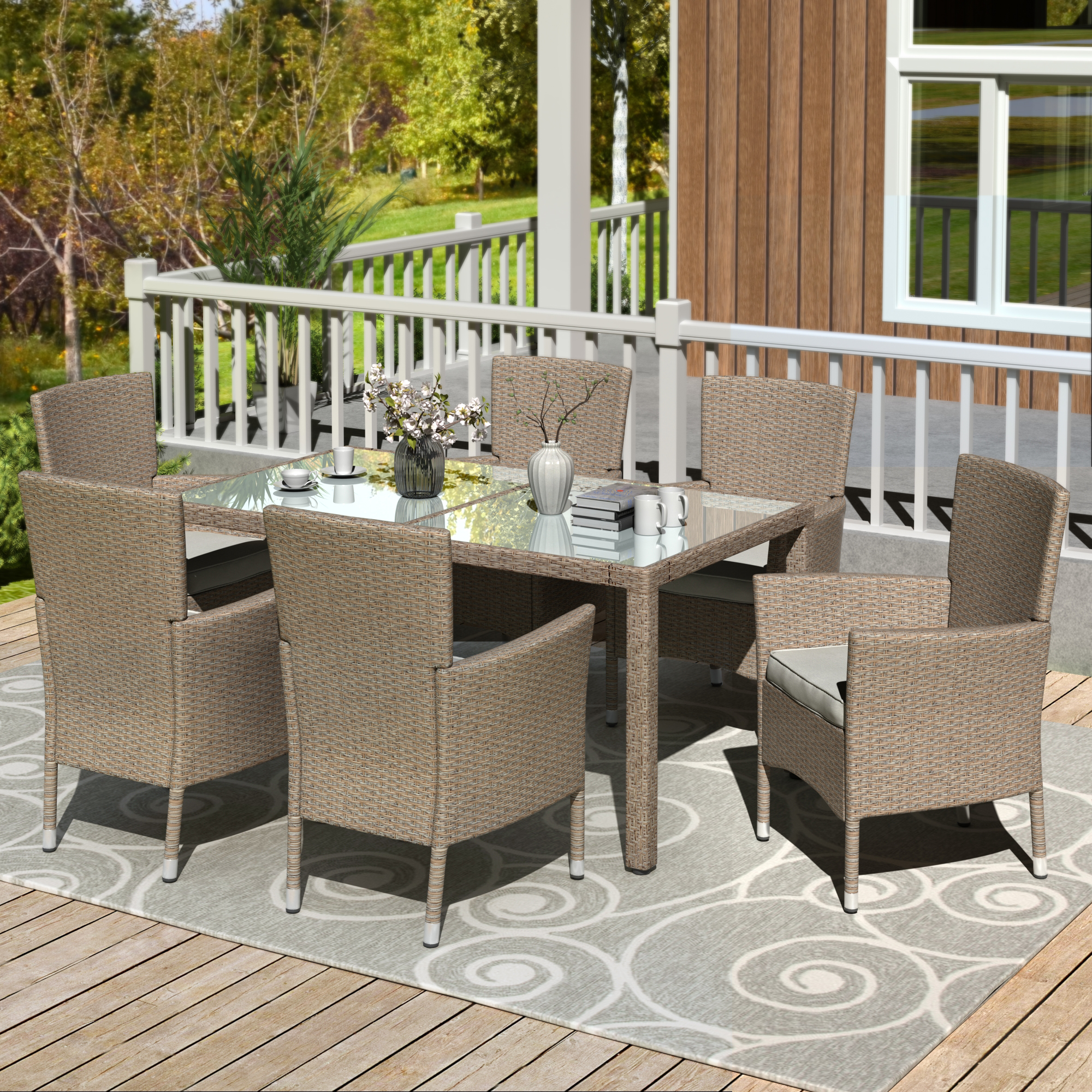 7 Piece Patio Dinning Table Beige-brown Wicker Furniture Seating - WY000053EAA