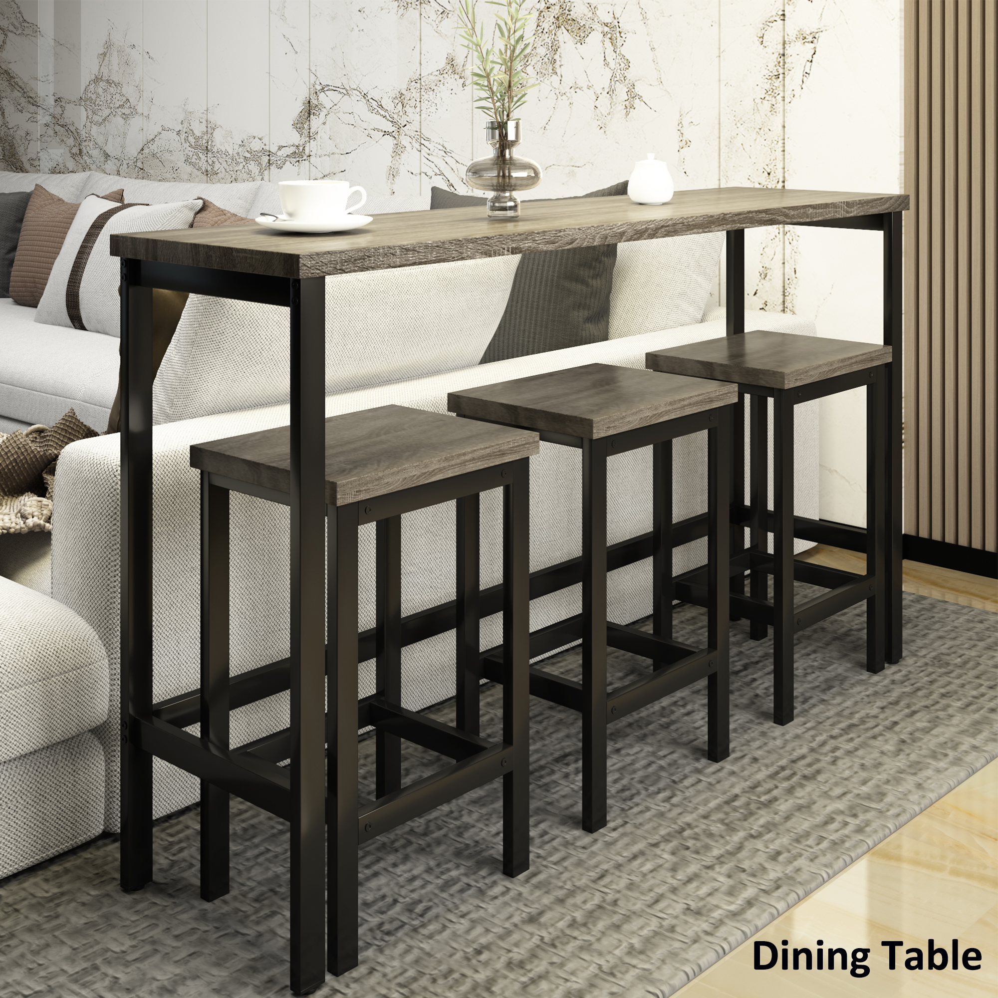 Long Dining Table Set with 3 Stools