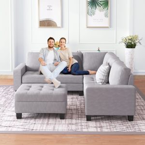 L-Shape Corner Sofa With Storage Ottoman & Cup Holders, Light Gray - SG000245AAA