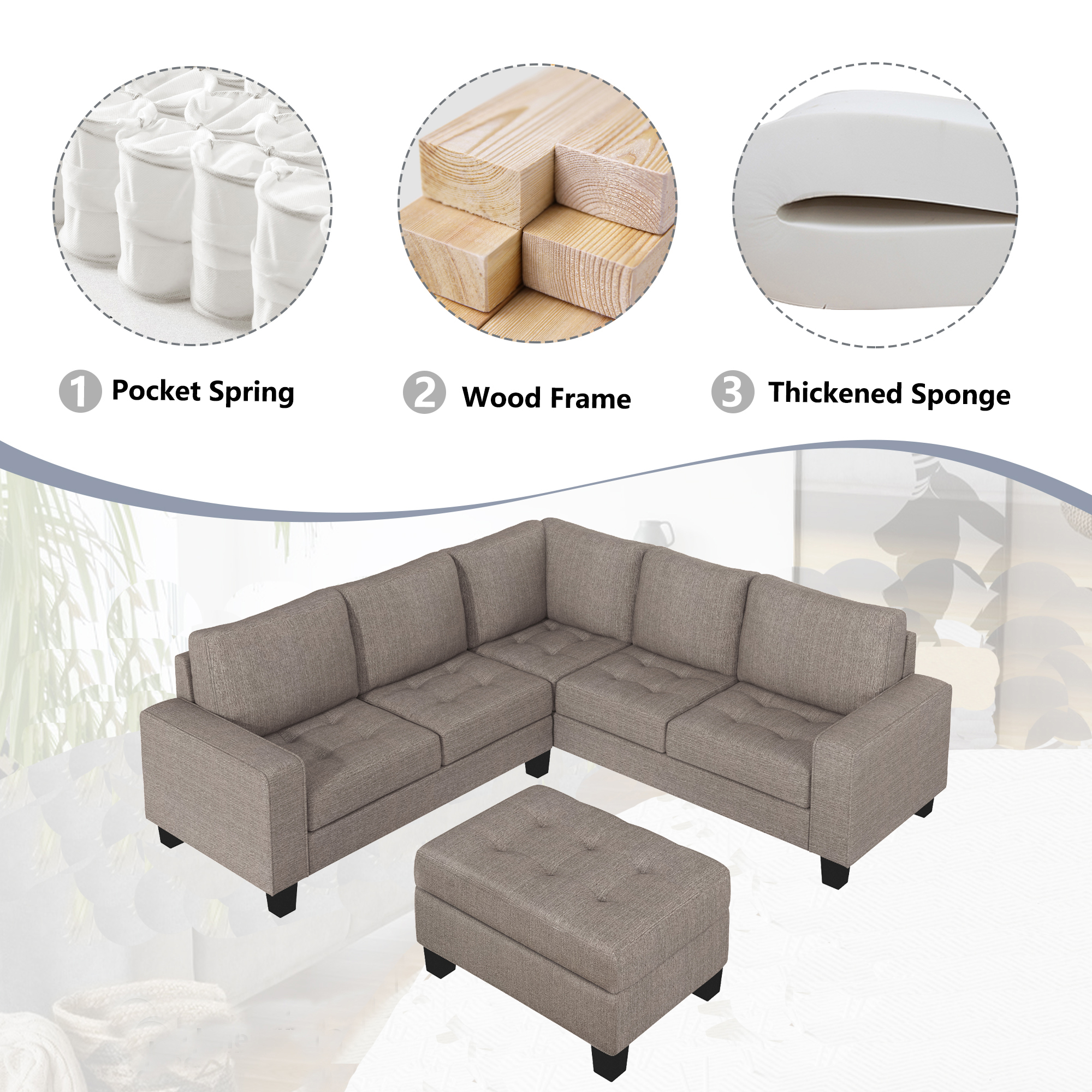 L-Shape Corner Sofa With Storage Ottoman & Cup Holders, Brown - SG000244AAA