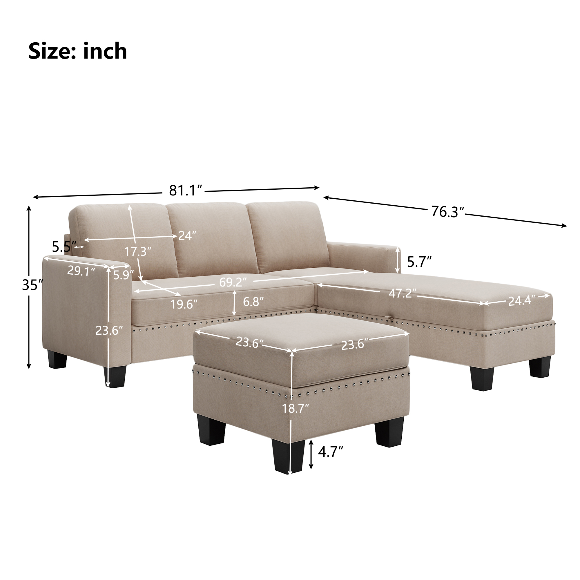 L Sectional Sofa with Ottoman