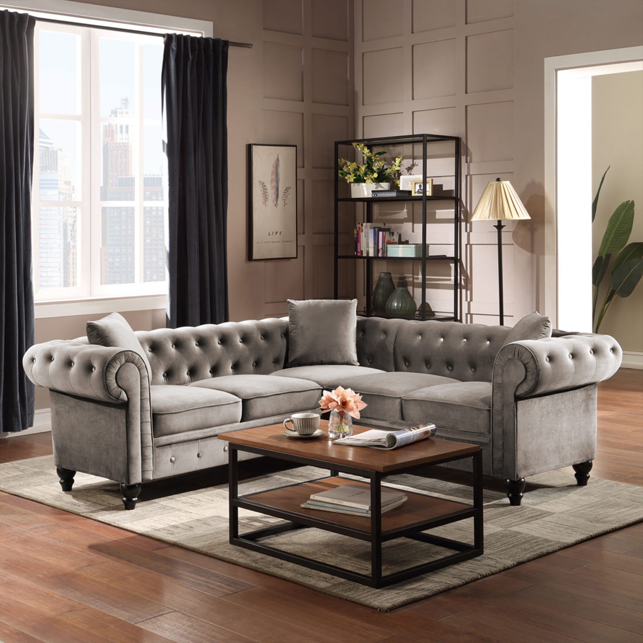 Classic Chesterfield L Shaped Sectional Sofa, 3 Pillows Included - GS000420AAE