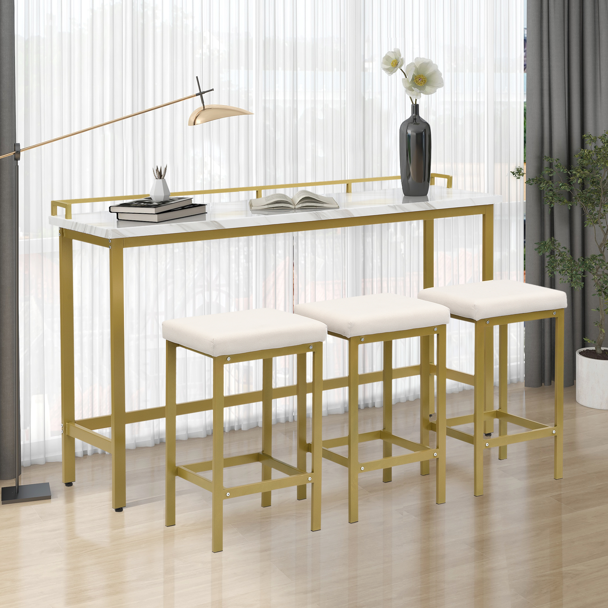 Long Console Dining Table with 3 PU Stools - WF287062AAG