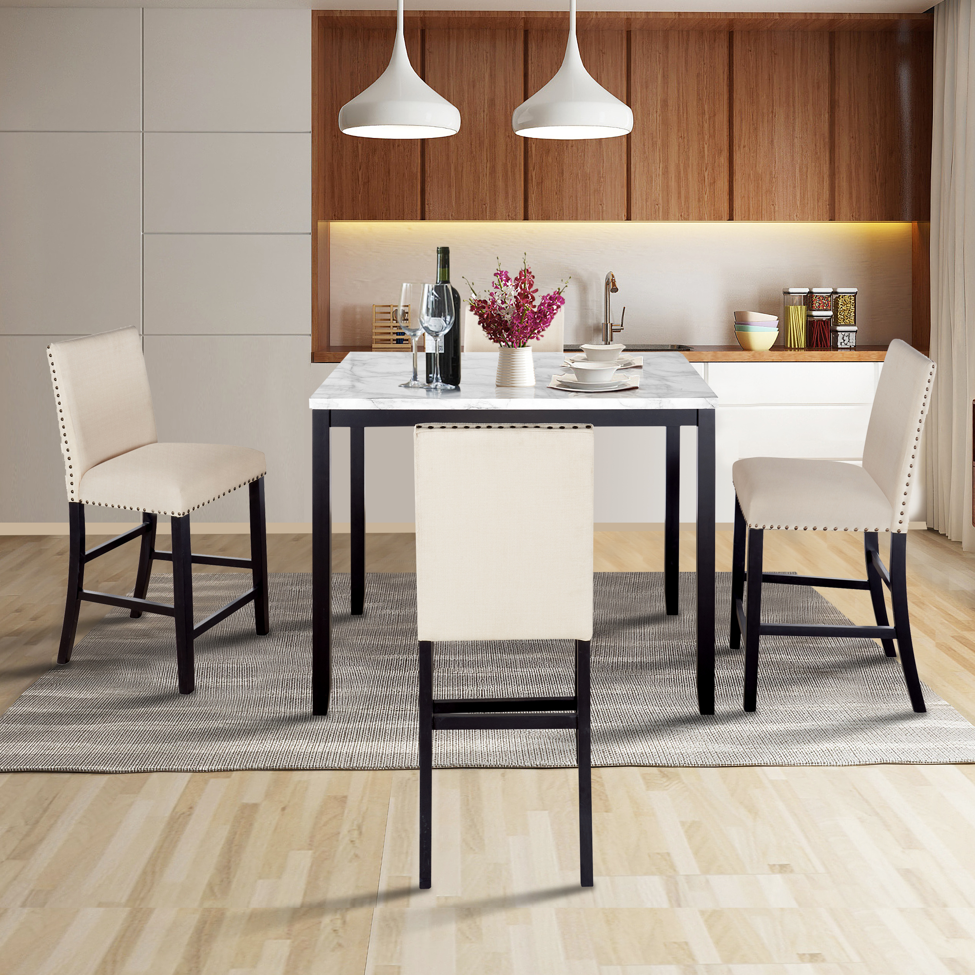 5 Piece Modern Dining Set with Matching Chairs and Marble Veneer for Home - SH000127AAA