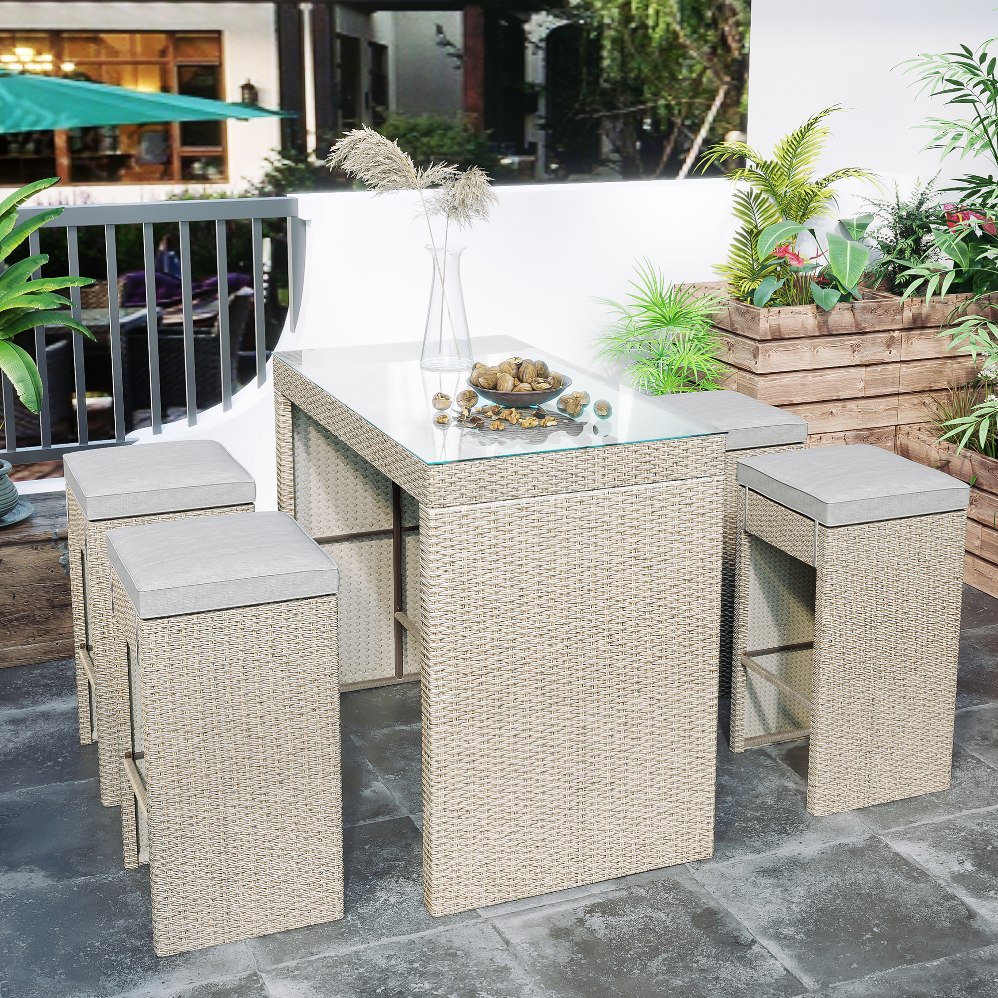 5-Piece Rattan Outdoor Patio Furniture Set with 4 Stools - SH000238AAD