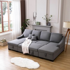 Upholstery Sleeper Sectional Sofa With Double Storage Spaces, 2 Tossing Cushions - WY000283AAE