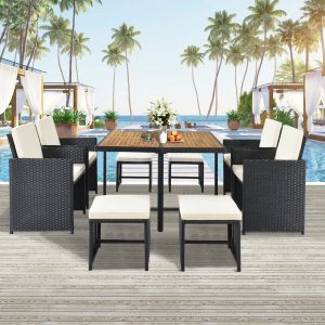 Outdoor Wicker Patio Dining Table Set with Wood Top - SH000247AAA