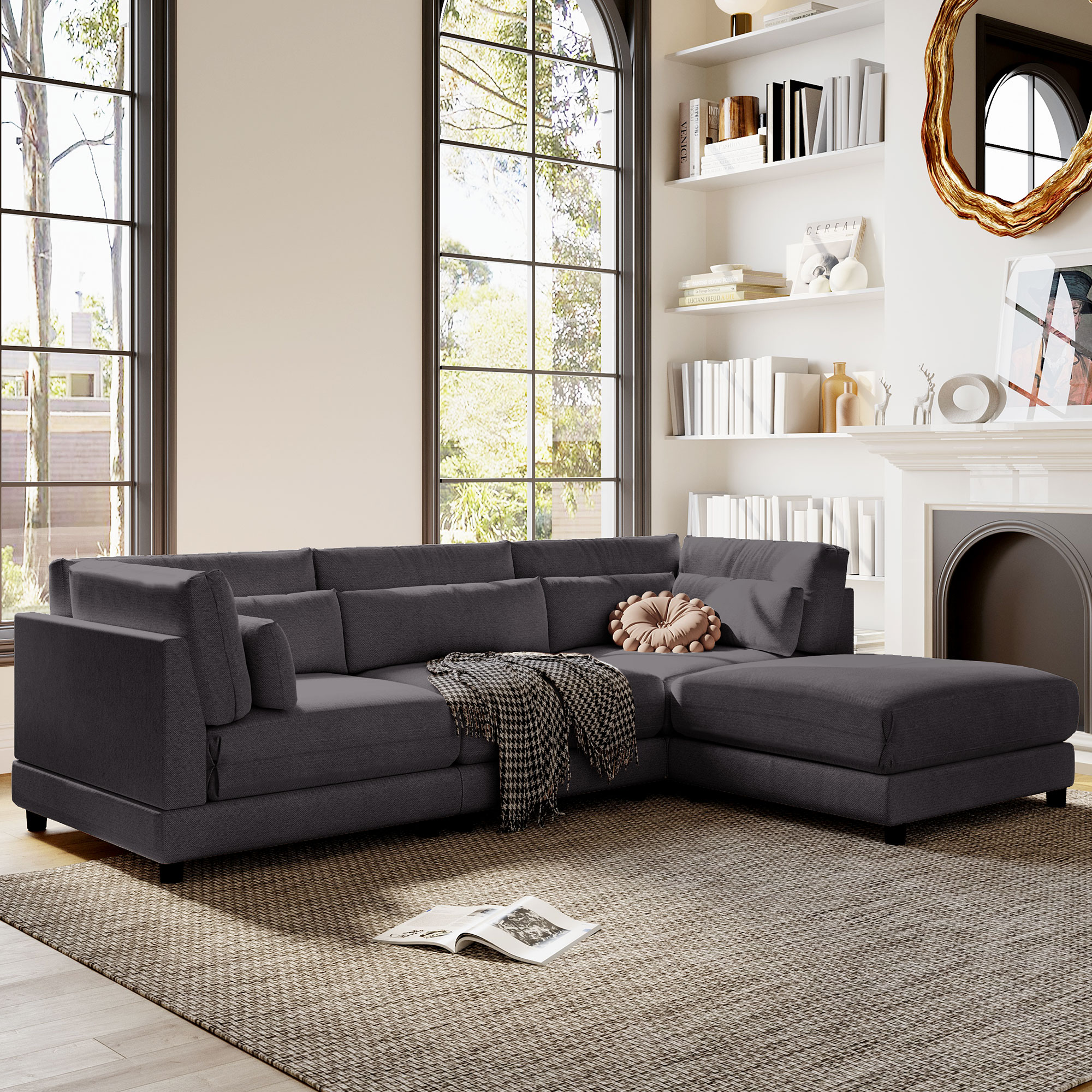 2 Pieces L Shaped Sofa With Removable Ottomans, Gray - WY000267AAE