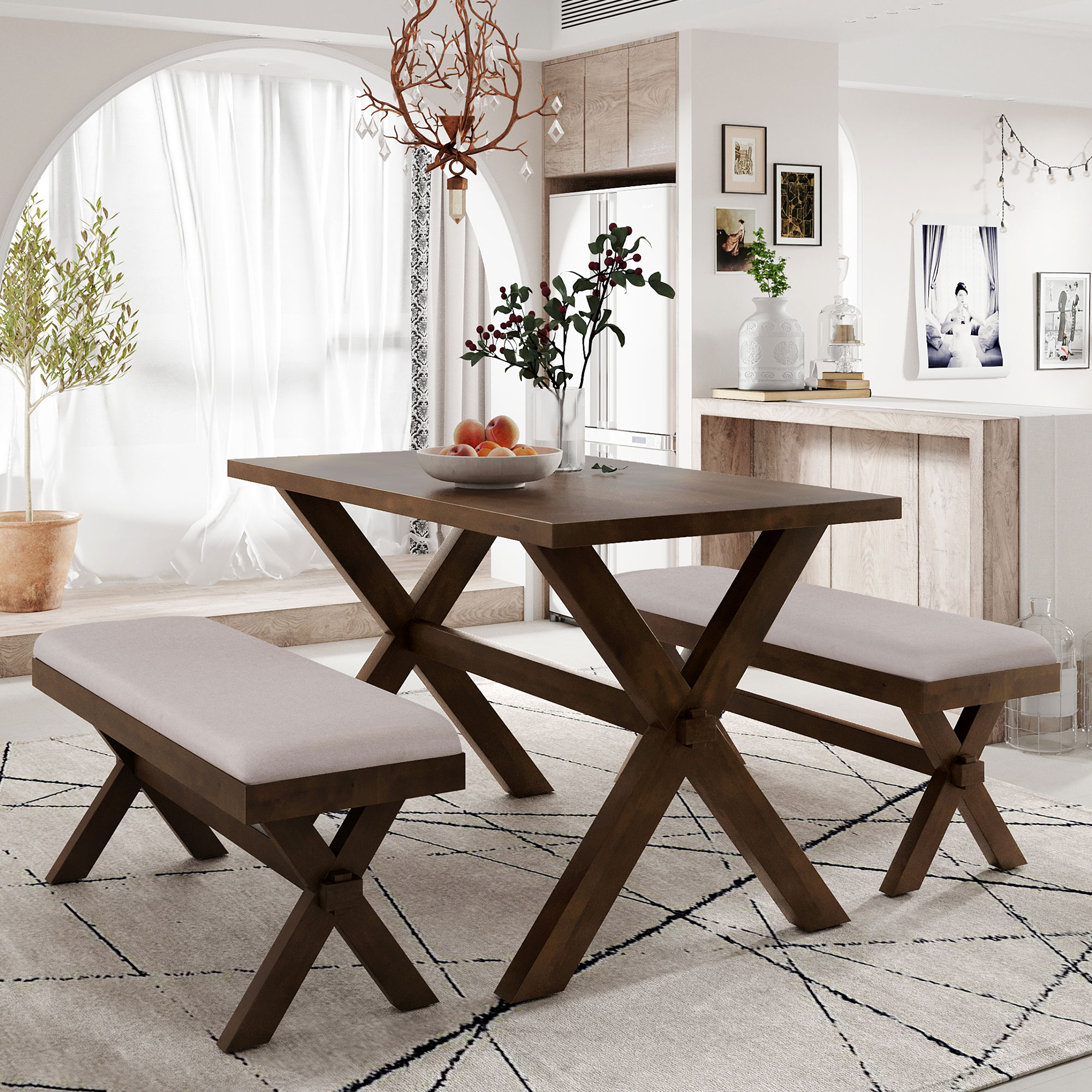 3 Pieces Farmhouse Rustic Wood Kitchen Dining Table Set - SH000166AAD
