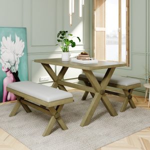 3 Pieces Farmhouse Rustic Wood Kitchen Dining Table Set - SH000166AAB
