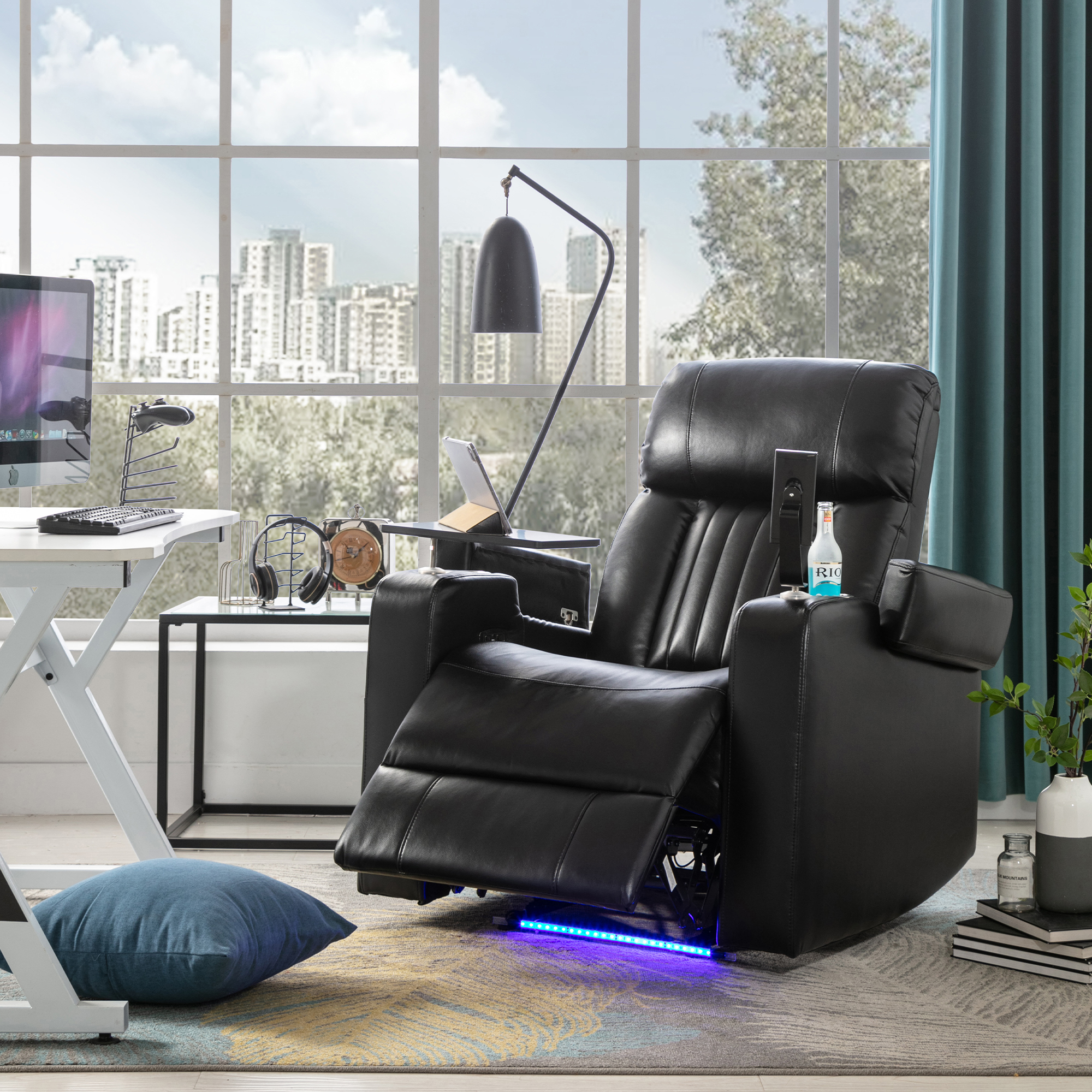 Power Leather Recliner with USB Charging Port and Hidden Arm Storage, Black - SG000451AAA
