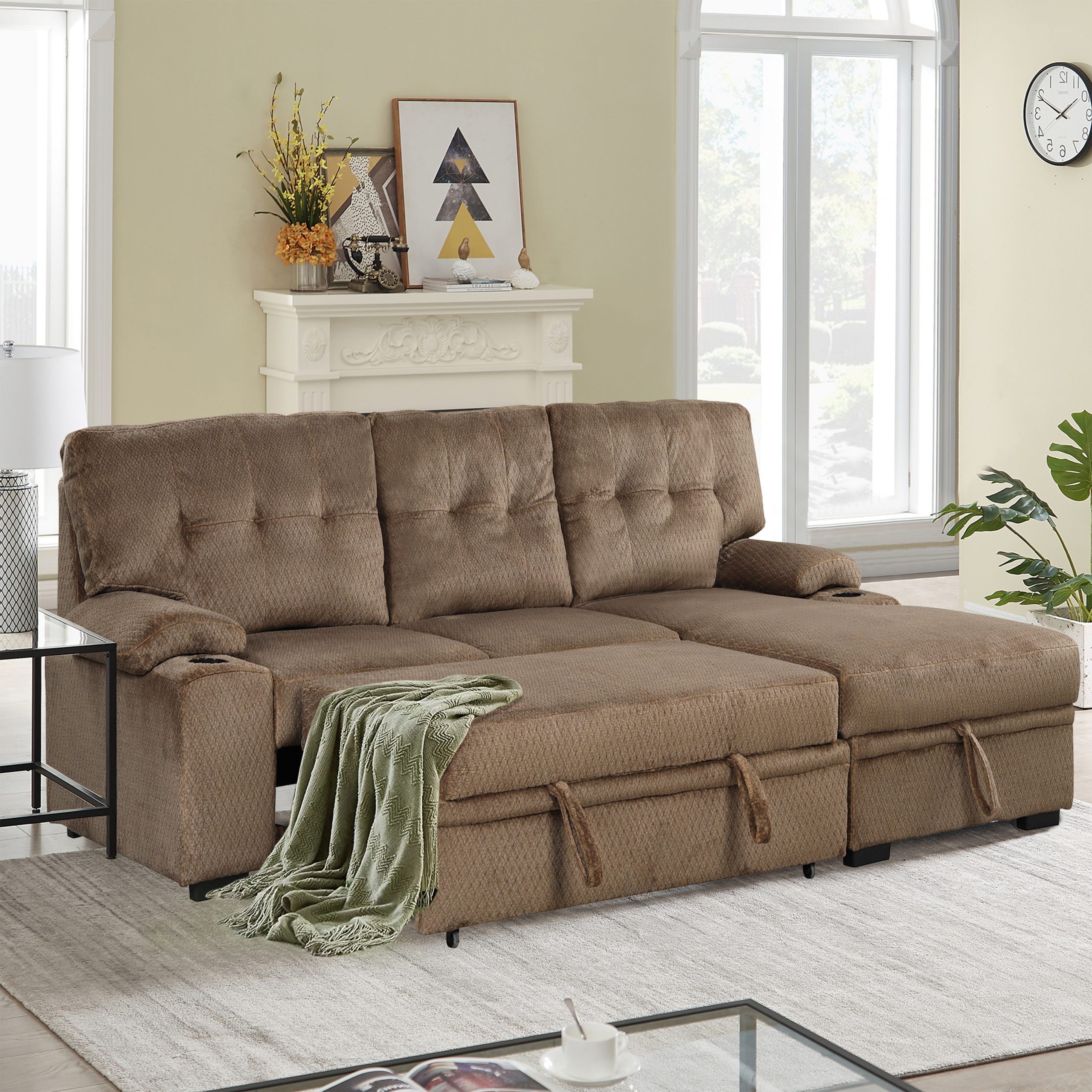 Sleeper Sectional Sofa with Storage Chaise and Cup Holder, Brown - SG000471AAA