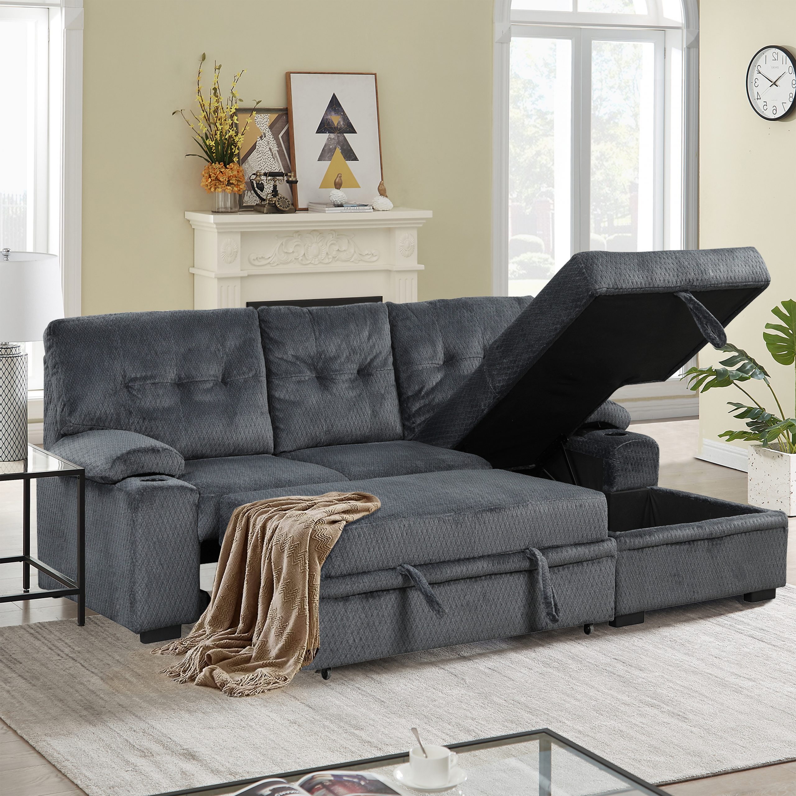 Sleeper Sectional Sofa with Storage Chaise and Cup Holder, Gray - SG000470AAA