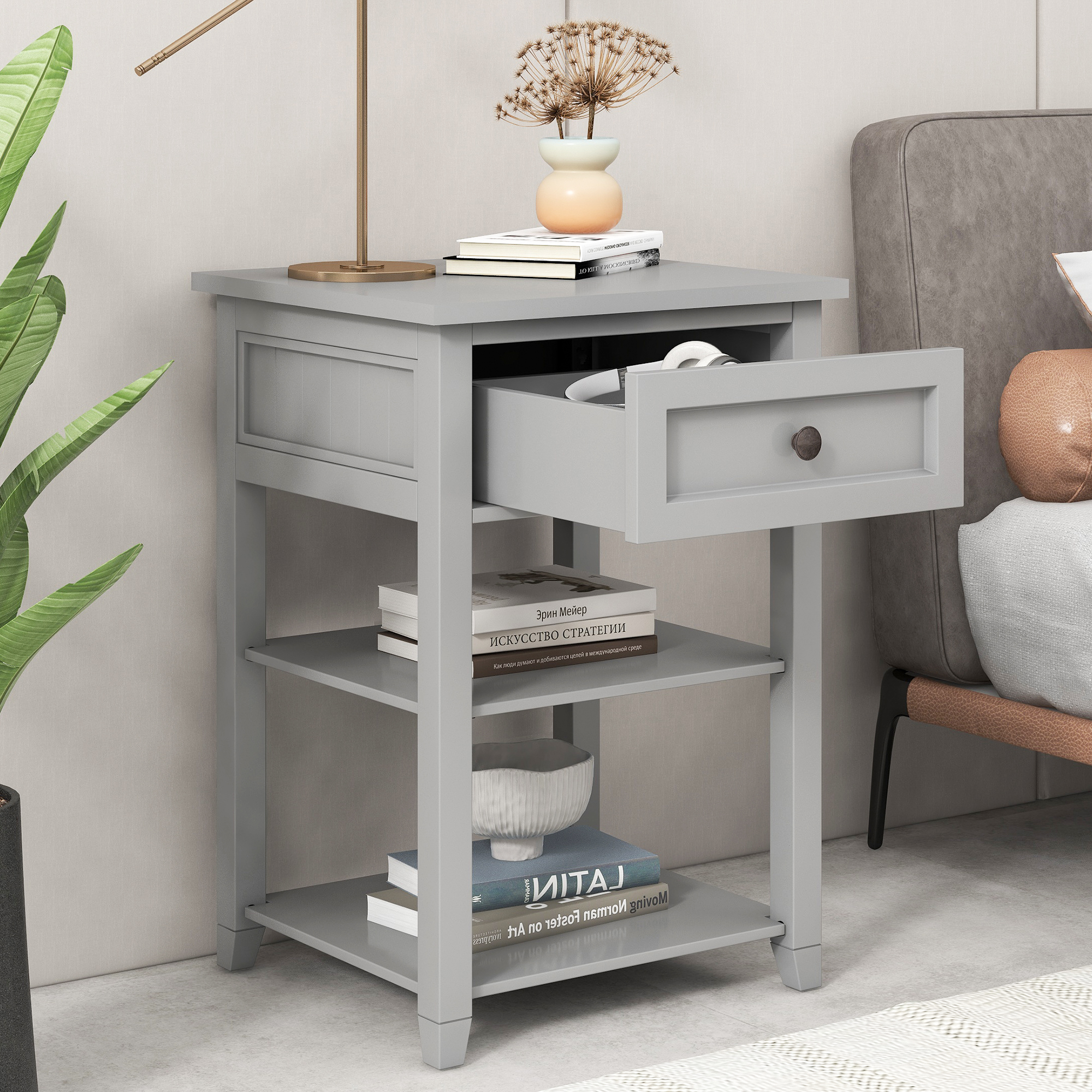 Wooden Nightstand with Storage Drawer and Two-Tier Shelves - WF290903AAE