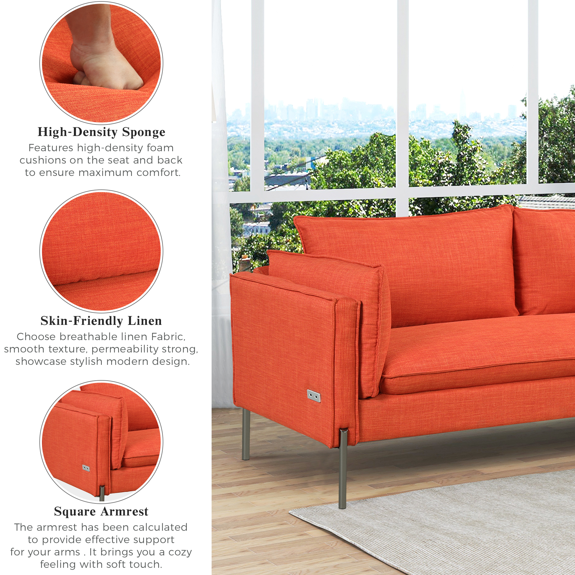 Linen Fabric Upholstered 3 Seat Sofa, Orange - WF292374AAG