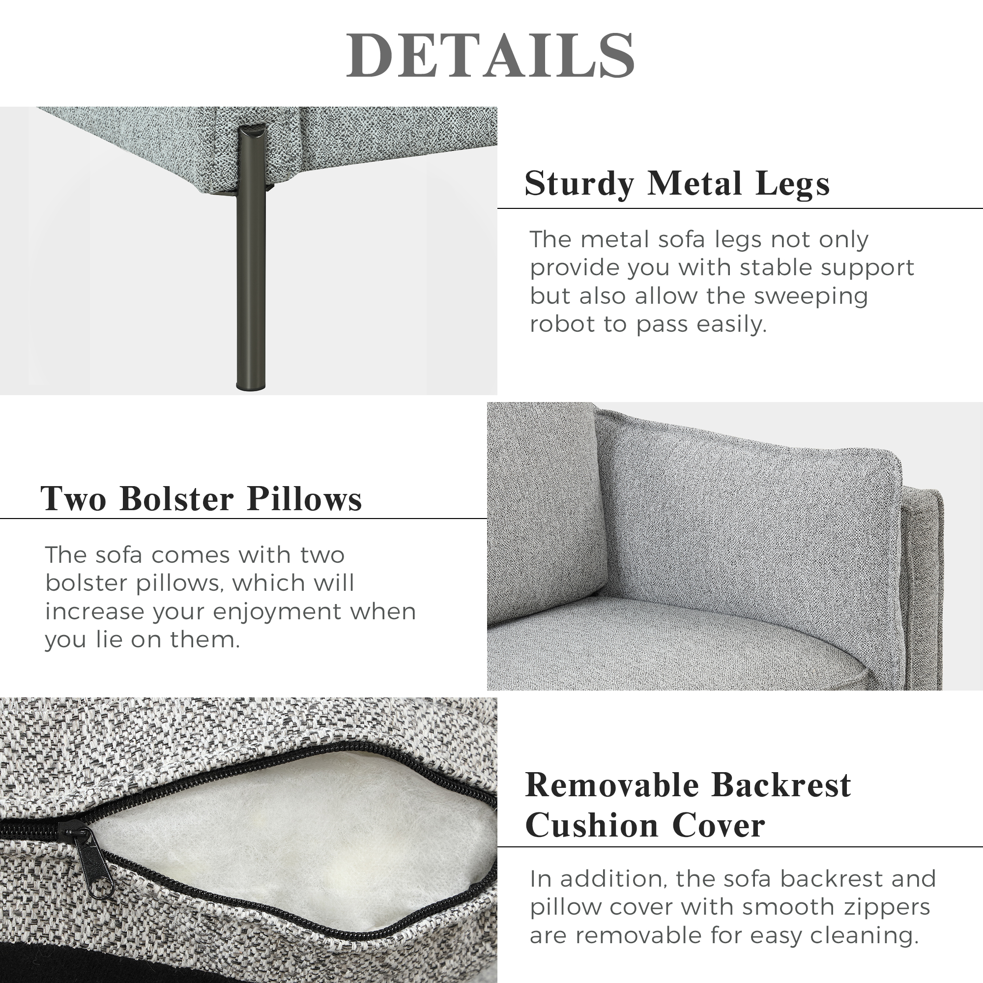 Linen Fabric Upholstered 3 Seat Sofa, Gray - WF293335AAE