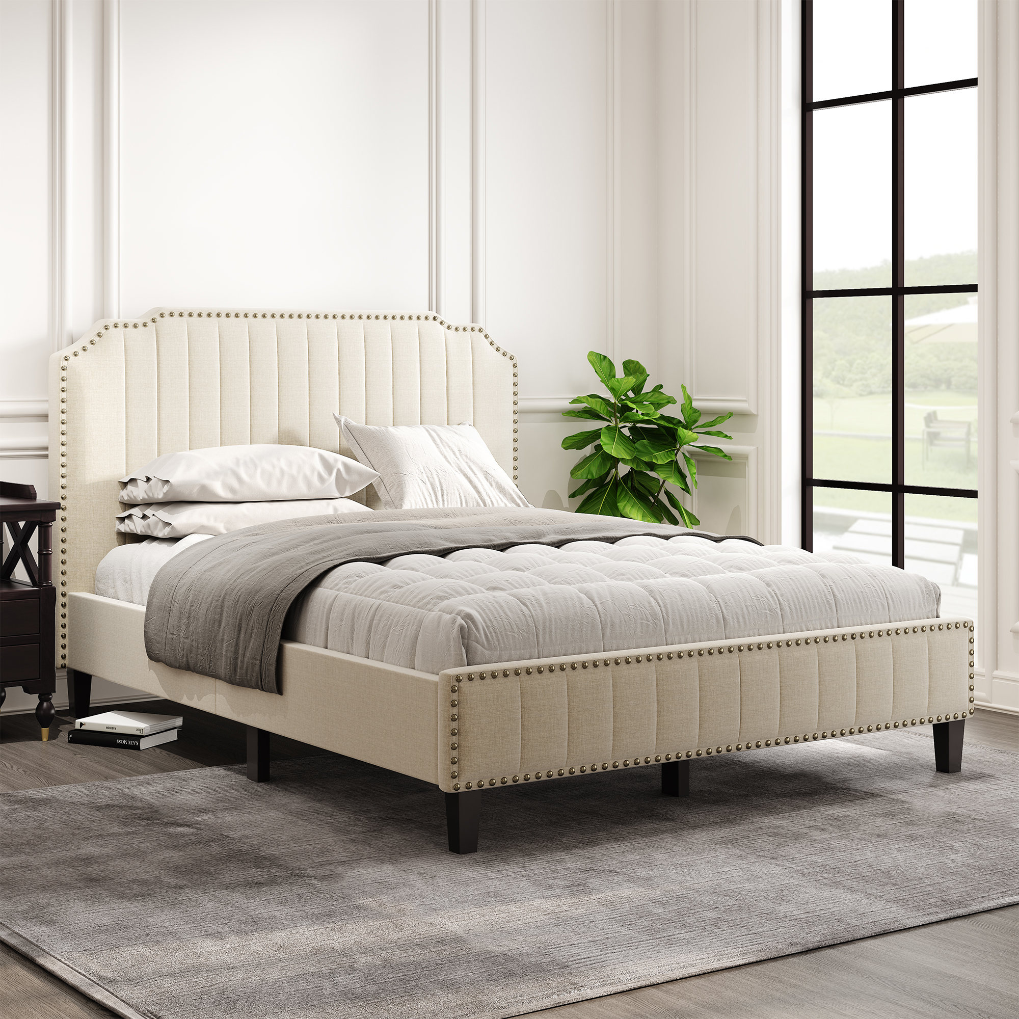 Modern Linen Curved Upholstered Platform Bed - WF195684AAA