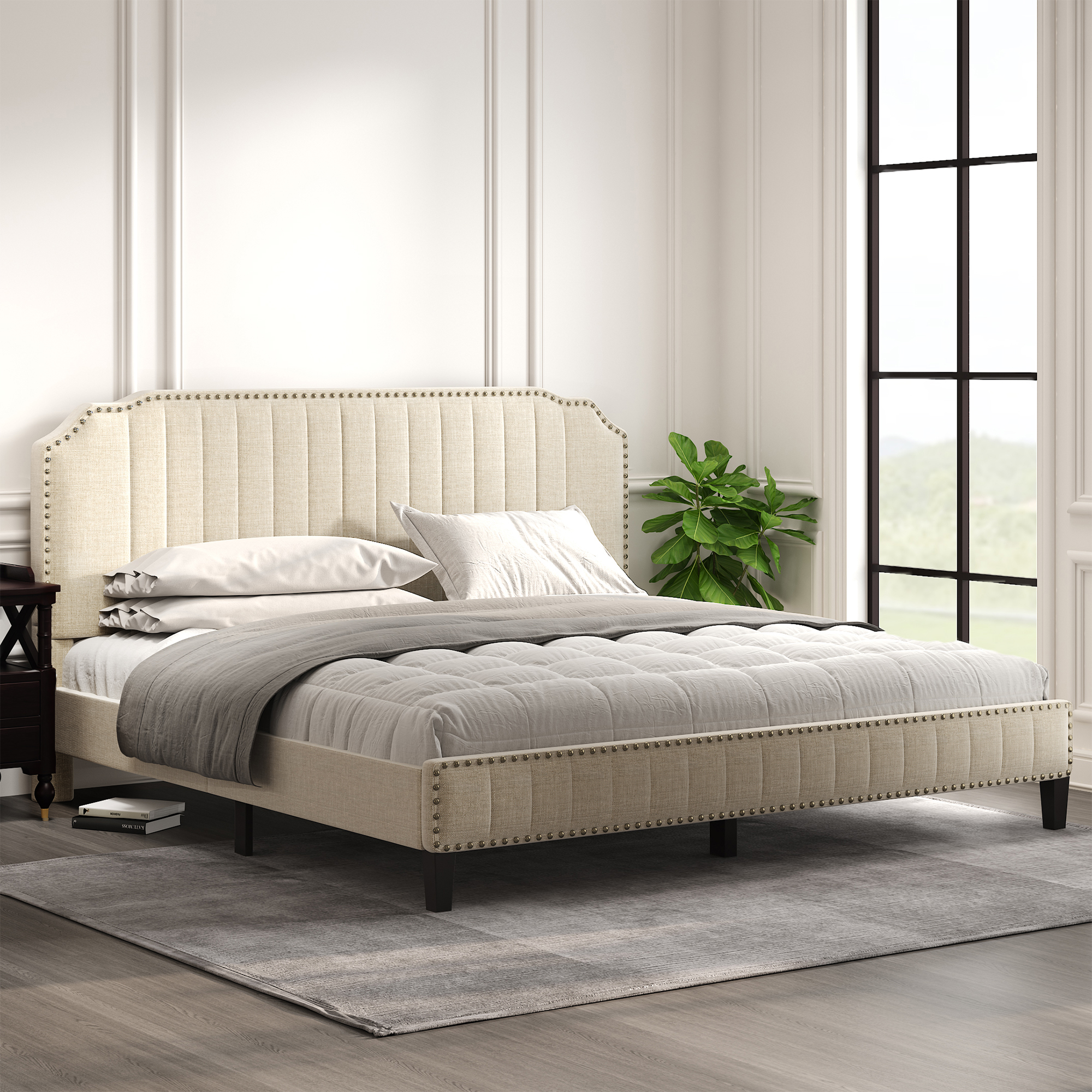 Modern Linen Curved Upholstered Platform Bed, King - WF199330AAA